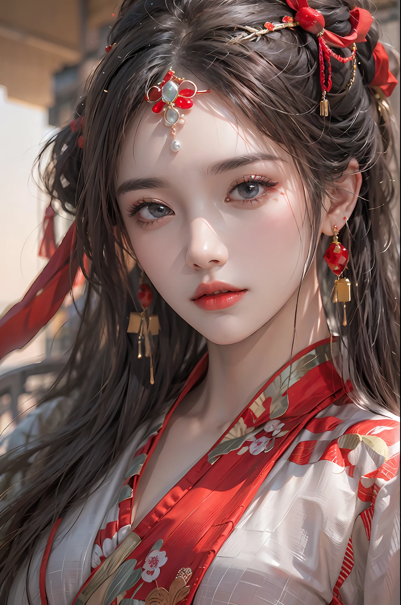photorealistic, high resolution, 1 women, solo, hips up, beautiful eyes, long hair, red wedding hanfu, red dot on forehead chinese, gorgeous accessories, wearing pearl earrings