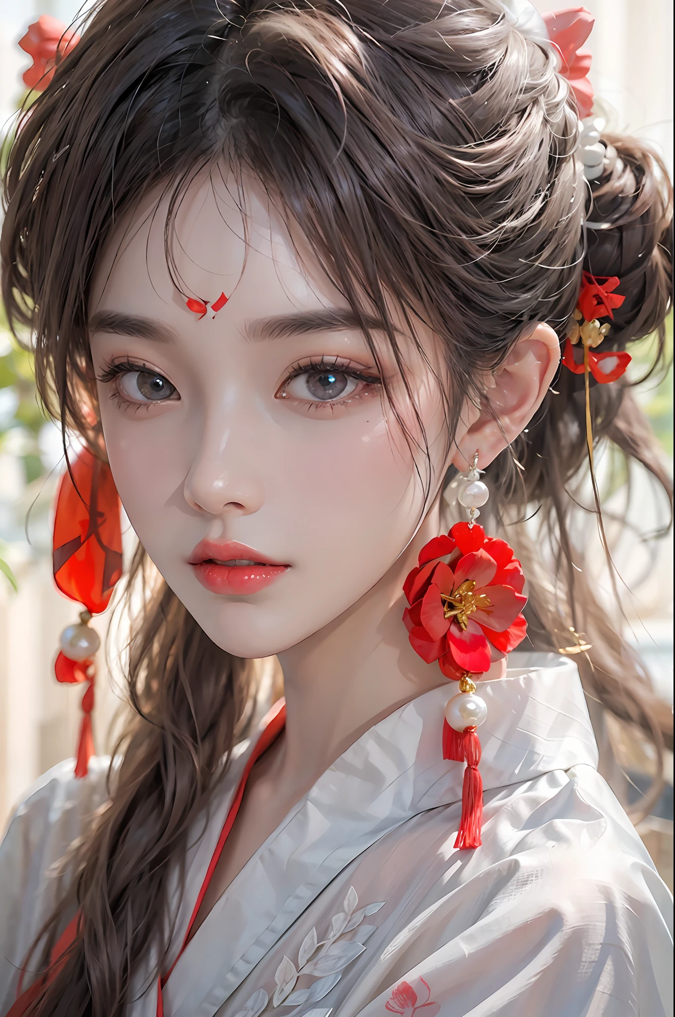 photorealistic, high resolution, 1 women, solo, hips up, beautiful eyes, long hair, red wedding hanfu, red dot on forehead chinese, gorgeous accessories, wearing pearl earrings