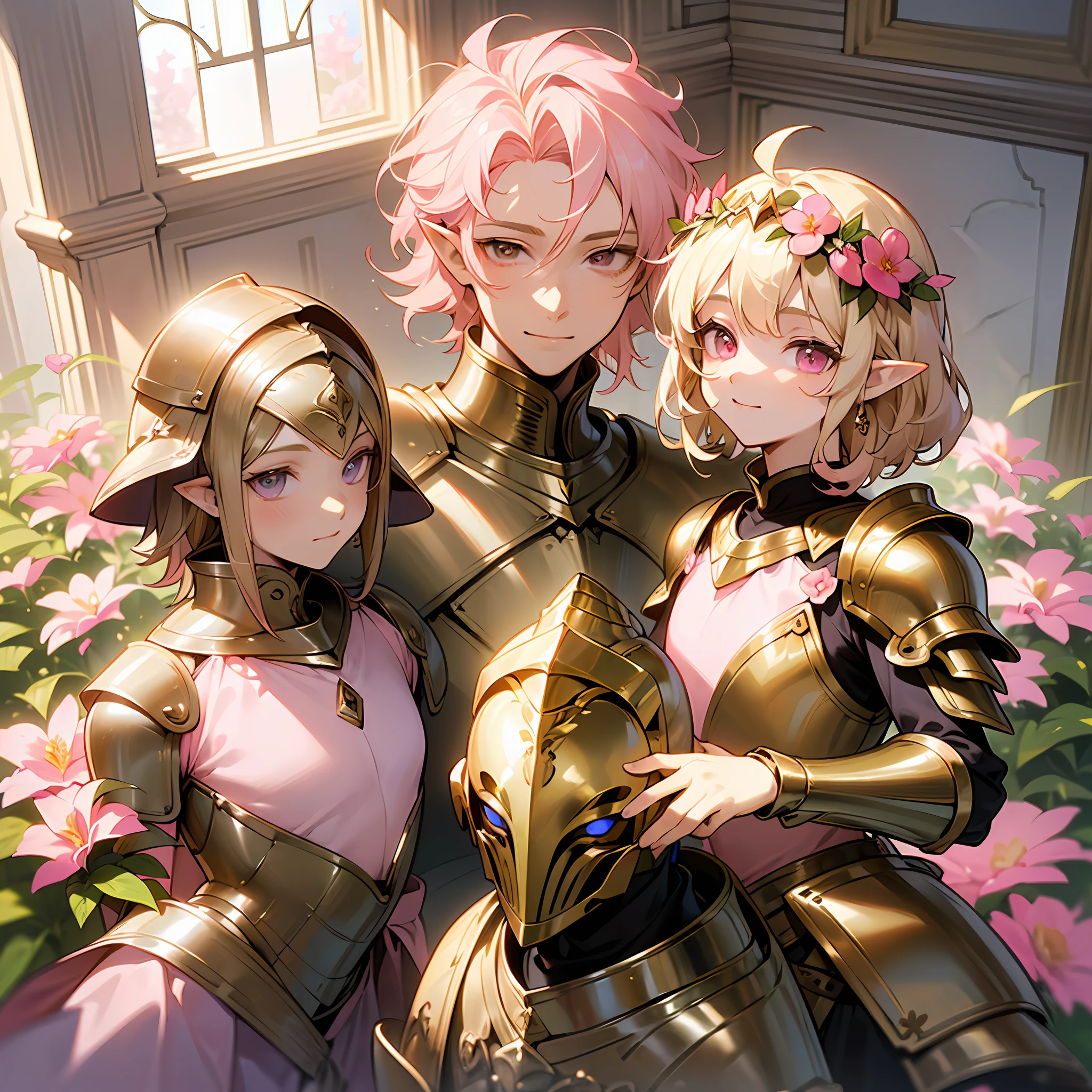 one young man, twink, (((male))), (((man))), (((one person))), (((single))), (((solo))), (((very light blonde hair))), (((light blonde colored hair))), (((very light blonde colored hair))), (((pink colored eyes))), (medium short hair), (chin-length hair), wavy hair, slim body, ((flat chest)), ((fantasy style)), (((wearing flowers in his hair))), flowercrown, ((pointy ears)), (((light pink colored eyes))), (standing inside a fantasy palace), (sunlight falling in through big detailed windows), room is decorated with a few flowers in bottles, few flowers in vases, (((wearing golden armour))), (((fantasy armour))), smiling, white lace, patterns on armour