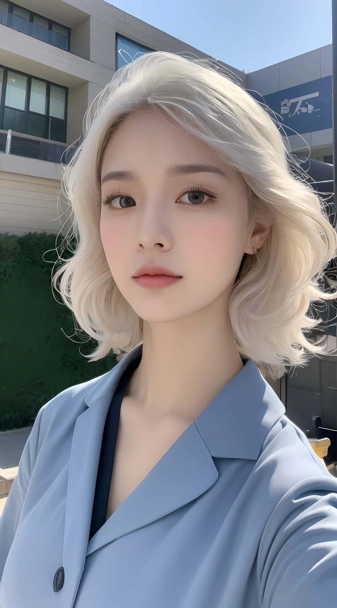 ((Realistic lighting, Best quality, 8K, Masterpiece: 1.3)), Clear focus: 1.2, 1girl, Perfect body beauty: 1.4, Slim abs: 1.1, ((White hair, Big breasts: 1.3)), Royal sister pose, (Outdoor, Daytime: 1.1), City street, Super fine face, Fine eyes, Double eyelids, Curly hair, Fair skin, JK uniform