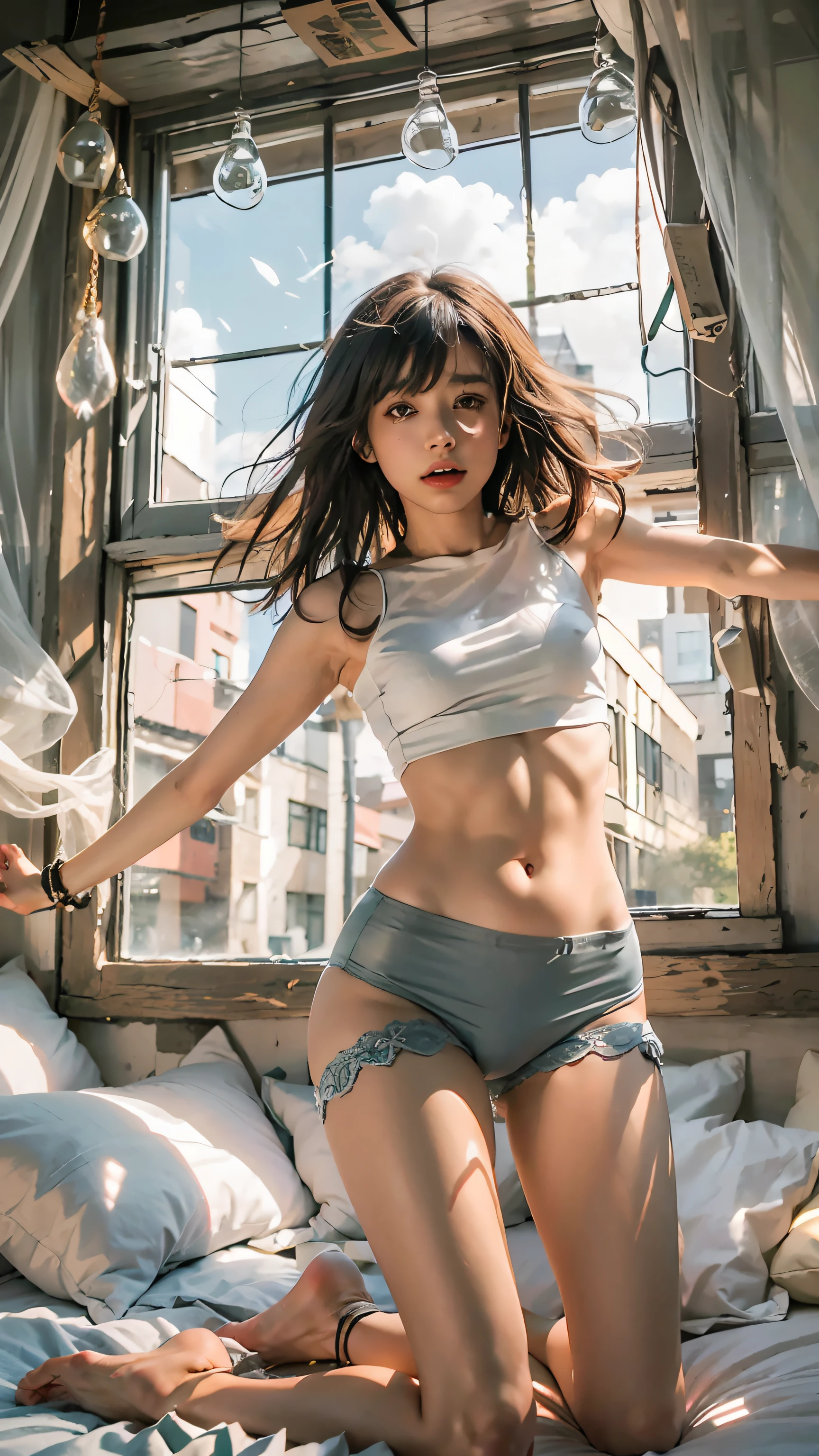 Masterpiece, highest quality, high resolution, solo, small breasts, leaving home, short blouse, no bra, Latina, adolescent, transparent panties, jumping window, from below, Both thighs are exaggerated, lascivious, bed, shaggy underwear, heavy breathing, sexual expression, open legs