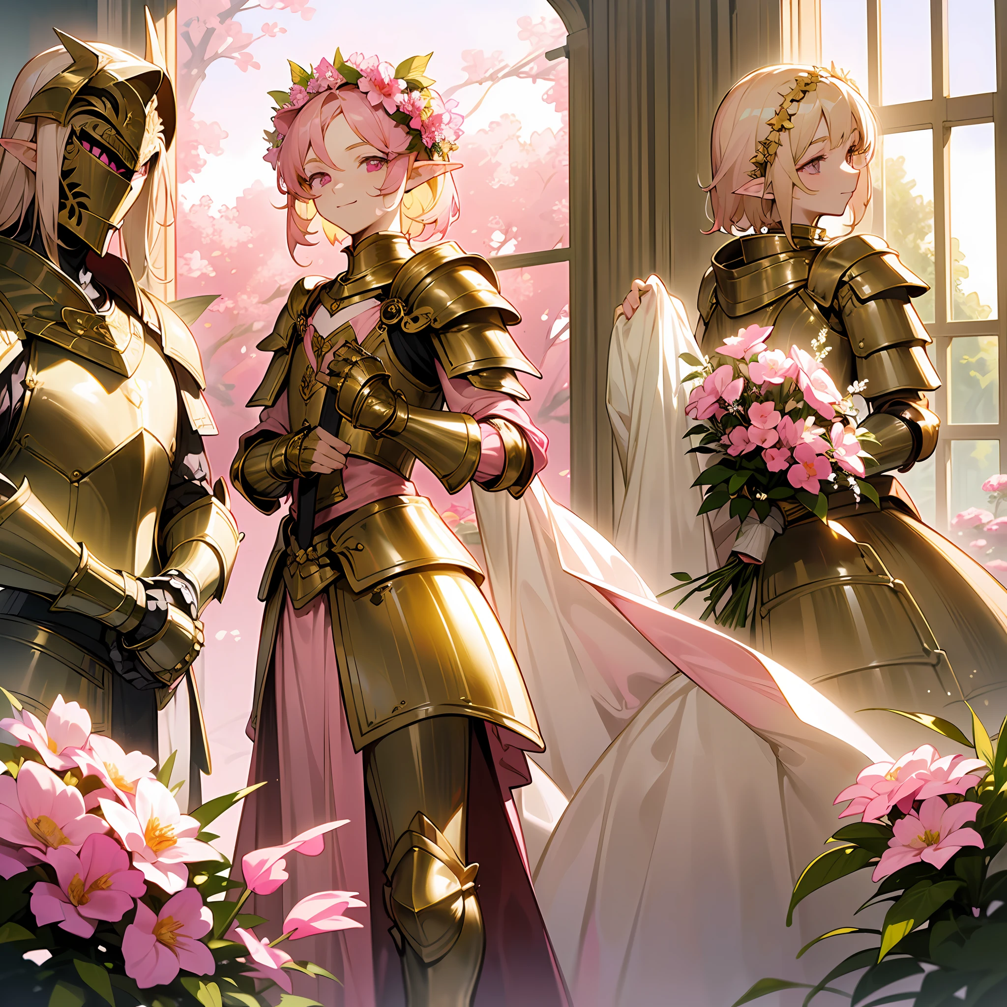 one young man, twink, (((male))), (((man))), (((one person))), (((single))), (((solo))), (((very light blonde hair))), (((light blonde colored hair))), (((very light blonde colored hair))), (((pink colored eyes))), (medium short hair), (chin-length hair), wavy hair, slim body, ((flat chest)), ((fantasy style)), (((wearing flowers in his hair))), flowercrown, ((pointy ears)), (((light pink colored eyes))), (standing inside a fantasy palace), (sunlight falling in through big detailed windows), room is decorated with a few flowers in bottles, few flowers in vases, (((wearing golden armour))), (((fantasy armour))), smiling, white lace, patterns on armour