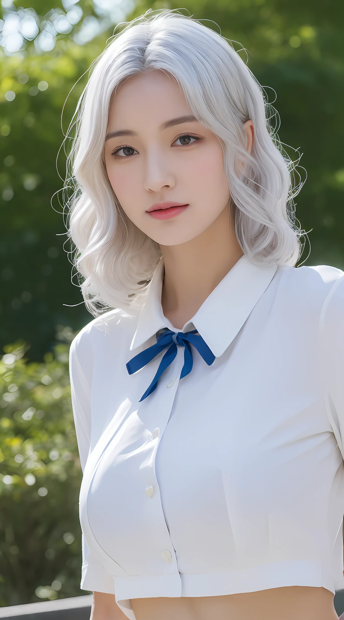 ((Realistic lighting, Best quality, 8K, Masterpiece: 1.3)), Clear focus: 1.2, 1girl, Perfect body beauty: 1.4, Slim abs: 1.1, ((White hair, Big breasts: 1.3)), Royal sister pose, (Outdoor, Daytime: 1.1), City street, Super fine face, Fine eyes, Double eyelids, Curly hair, Fair skin, JK uniform
