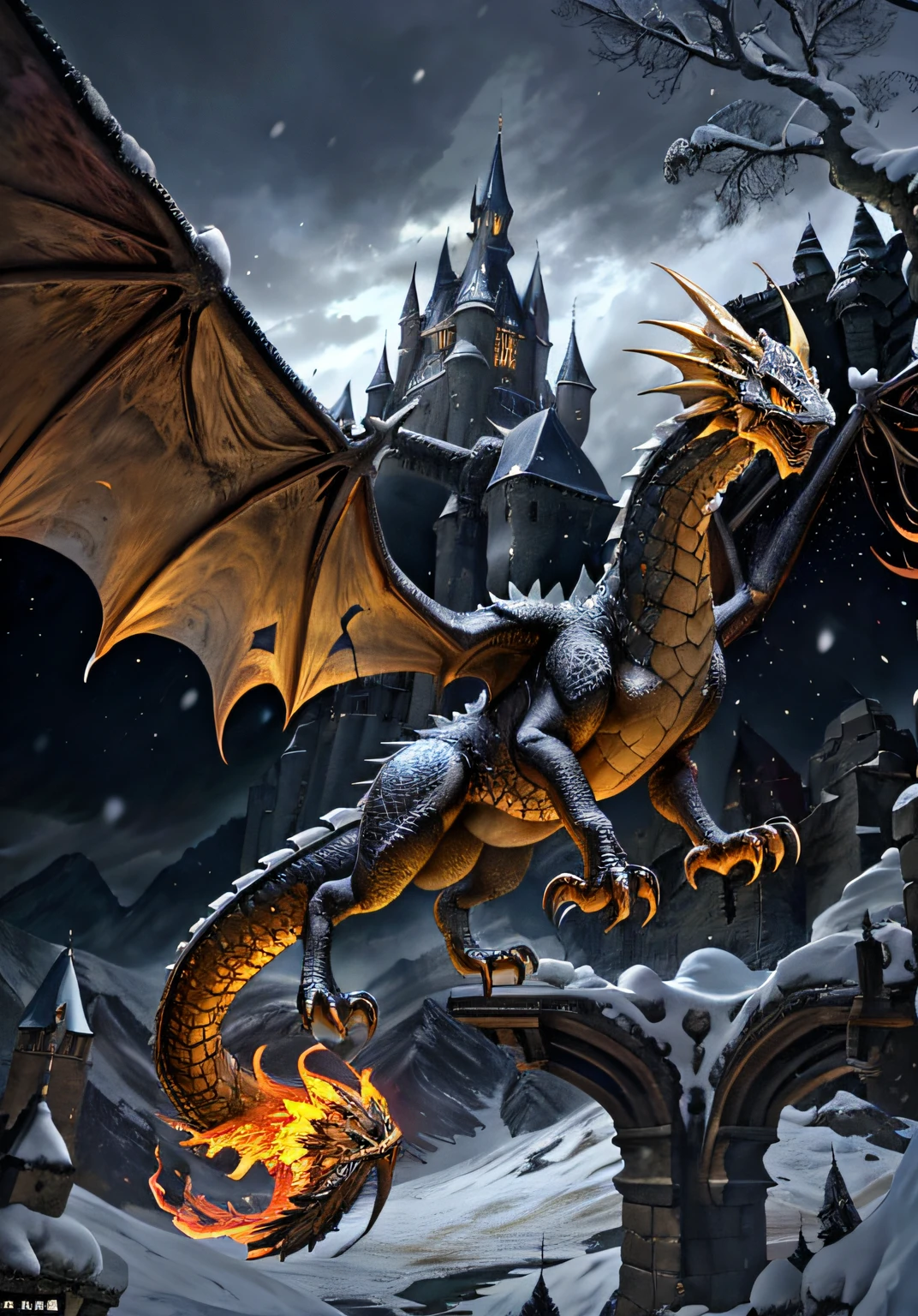 A European dragon is flying, its mouth spouting a golden flame, below lies some castles, in the distance is a gloomy grey sky, with snow blanketing the tree branches, the atmosphere is melancholic and dismal