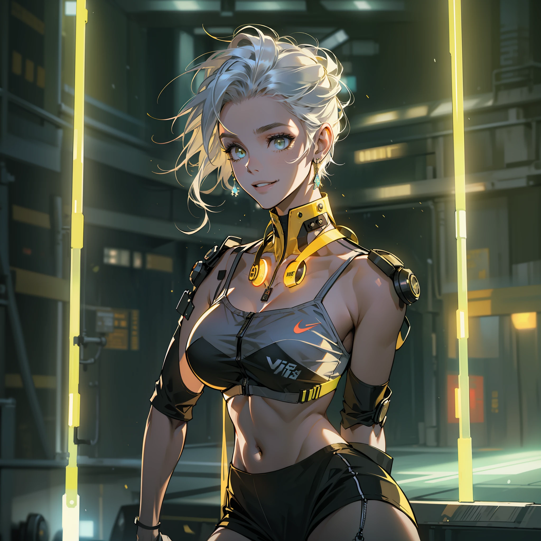 Best quality，tmasterpiece，Ultra-high resolution fills the picture，Indoor at night，Neon lights，Yellow color scheme，Rich egg yellow,Silvery-white hair，Yellow and black tights，Yellow and black color scheme clothing,Sporty skirts，the complex background，Weight instruments in the background，High-tech screen in the background，Lateral face，Smiling，Dress less，There are fitness elements in the rear，nike，nike,nike,Tech gym，Perfect makeup，Love eyes，8K quality，Cyberpunk，sense of science and technology，Character backlighting，rim-light，Movement changes，Flowing hairstyle，Loose hairstyle,The number of fingers is refined，Full body in camera,9 doppelganger diagram，Luminous stud earrings，Luminous digital necklace，Electronic digital watches，The most beautiful girl in mankind，Delicate close-up of the face，Realistic image quality，Super light and shadow，Very good figure，Meticulous，Arrow symbol，Brand sense，English slogan neon，Runway lights，Fitness gym at night，Very good figure，Raised sexy,luminous,Faraway view,Full body in camera