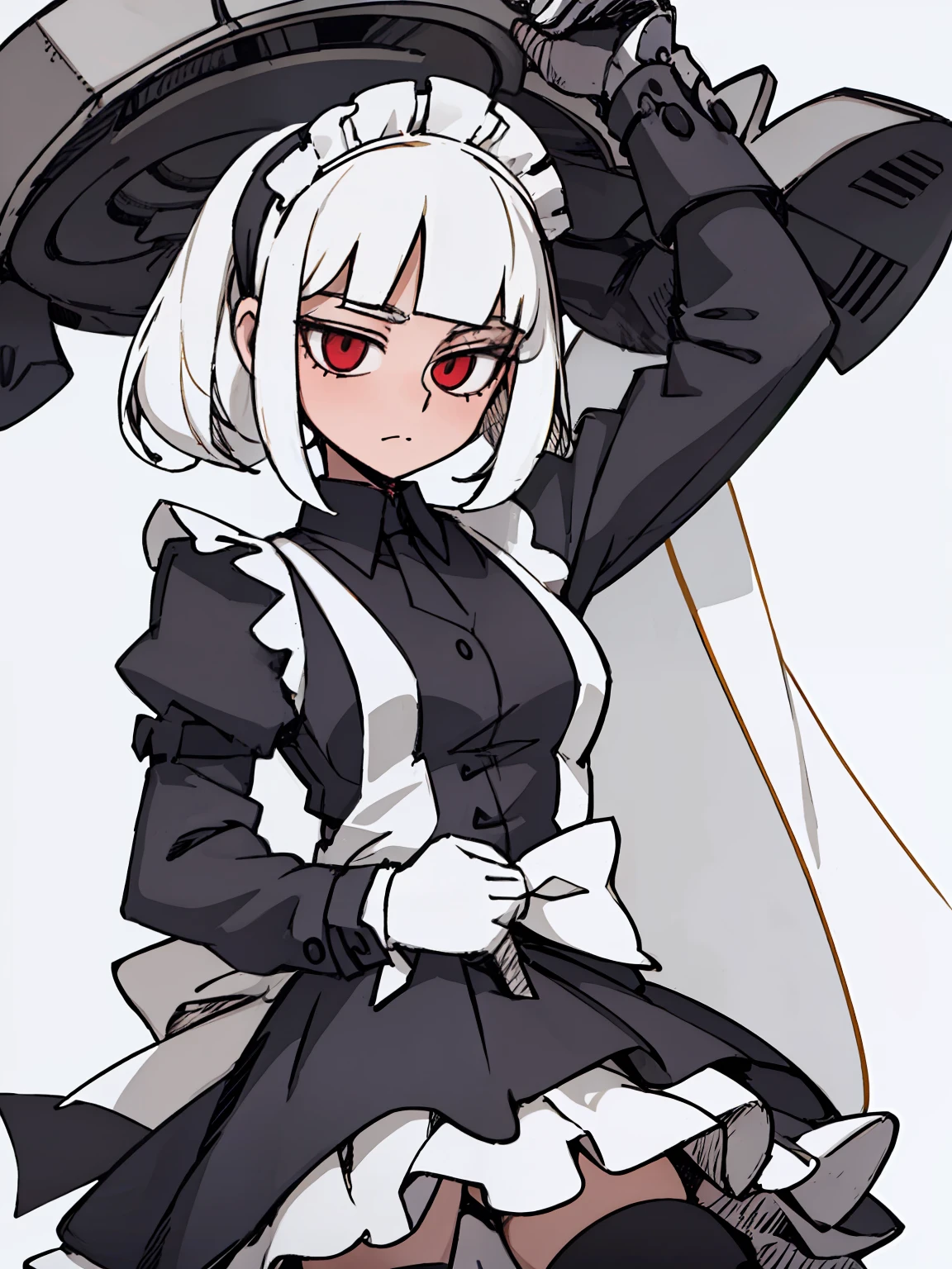A girl frontal,((Three-quarters),(Long curly white hair),(the maid outfit)),Young, White background