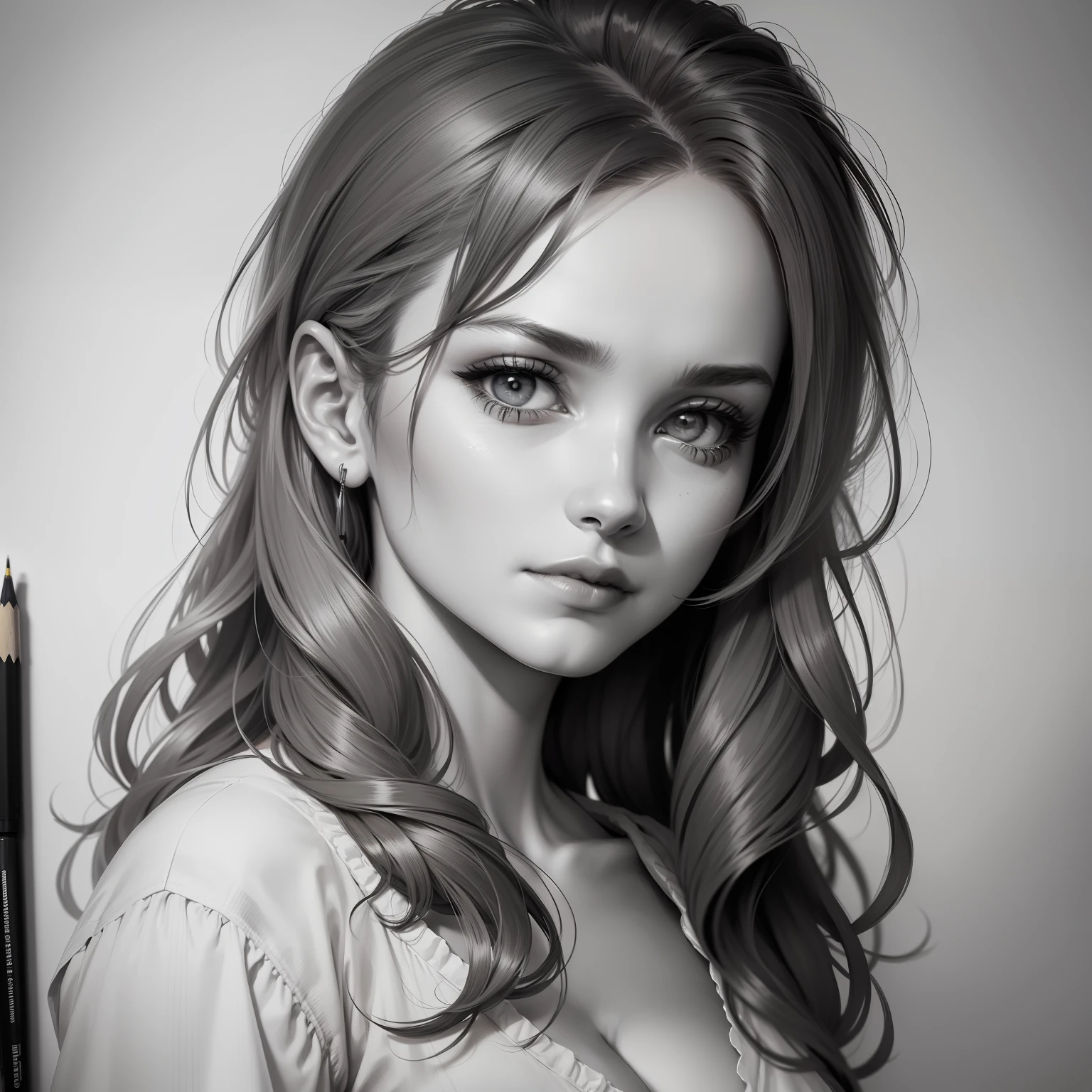 a drawing of a woman with messy hair and a white shirt, realistic sketch, desenho , sketchfab, desenho realista, retrato bonito , pencil draw, retrato , desenho de retrato iniciantel, Realistic portrait, Pencil sketch, detailed pencil sketch, pencil drawing, desenho de retrato, retrato amador detalhado, grafite realista, a pencil sketch,hachuras , preto e branco, not finished, incompleto