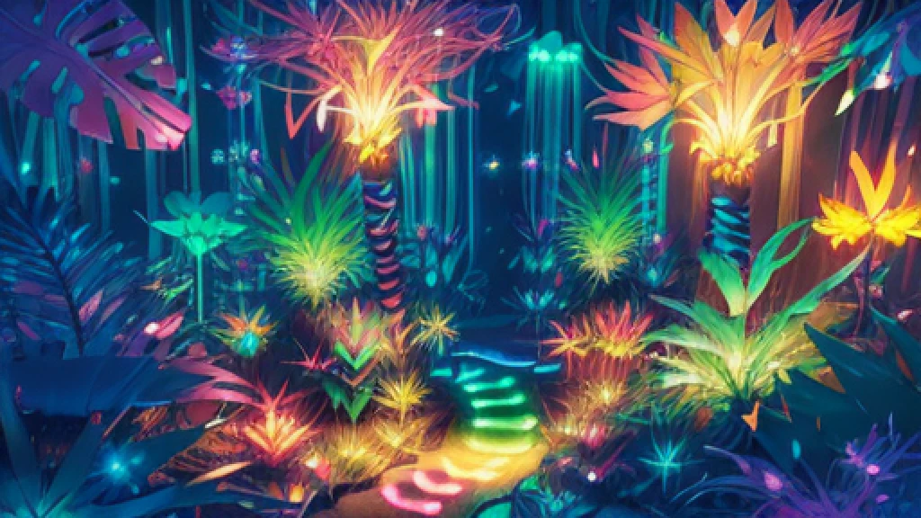 A Beautiful Bright glittery (multi-coloured bioluminescent tropical forest:1.8) natural scenery, (extremely detailed:1.3), Fantasy, octane render, zbrush. unreal engine, hyper-detailed, concept art, trending on art station. ((best quality)), ((masterpiece)), (detailed), sharp image