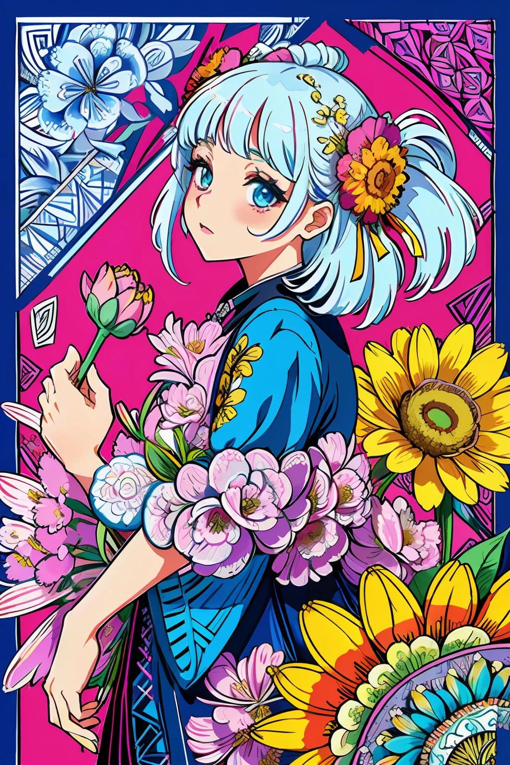 (ultra-detailed background, detailed background), absurdres, highres, ultra detailed, extremly detailed, 1girl, (bunch of flowers:1.3), (zentangle:1.2), (geometric:1.2),(colorful),