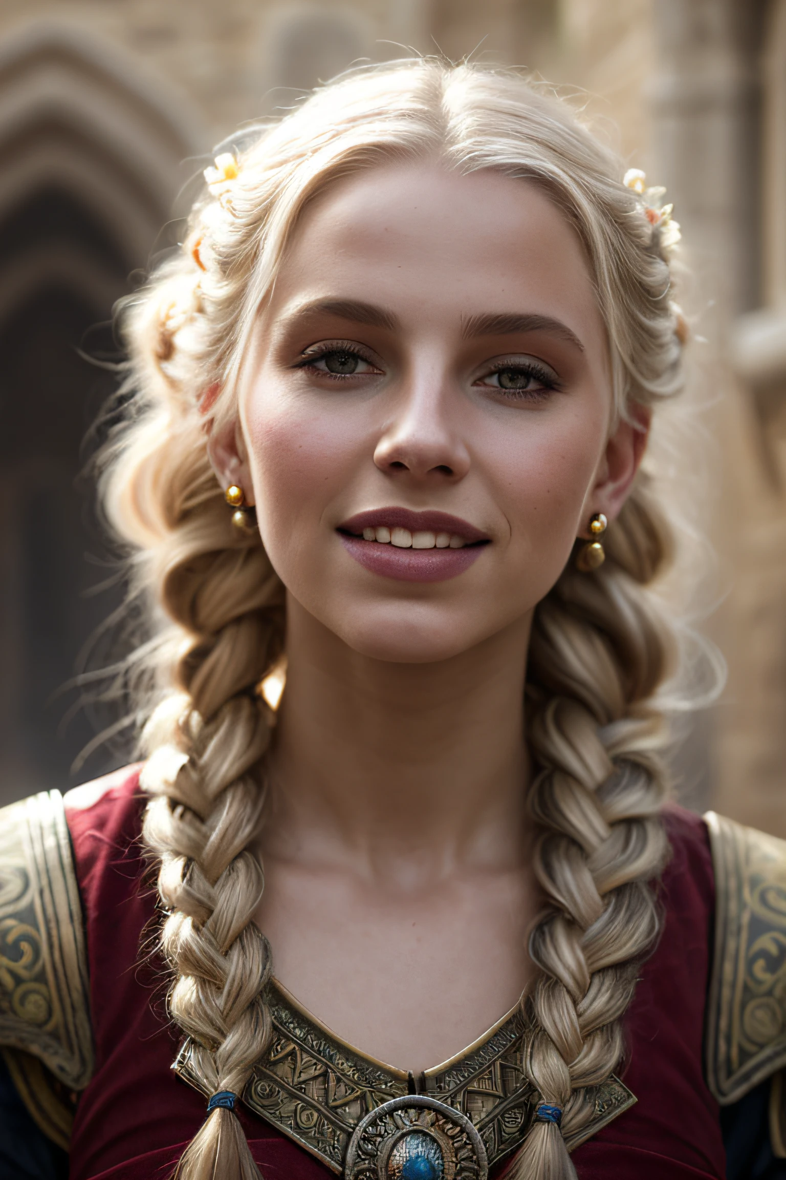 close up portrait of a gorgeous 18 years old fantasy prostitute, pale blonde hair, big single long braid, fantasy prostitute nice fabric clothes, intellingent look, enticing smile, in a big medieval city, (backlighting), realistic, masterpiece, highest quality, lens flare, shade, bloom, [[chromatic aberration]], by Jeremy Lipking, by Antonio J. Manzanedo, digital painting