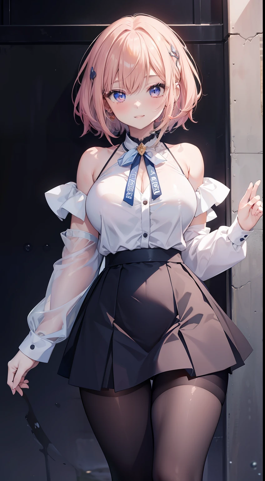masterpiece, best quality, HD 4K, Girl, best anatomy, pretty face, pretty body, anime, anime style, eyes, nose, ear, smile, lips, neck shoulders, shirt, short skirt, pantyhose, perfect belly, thin waist, thick legs, big thigh, background scenery