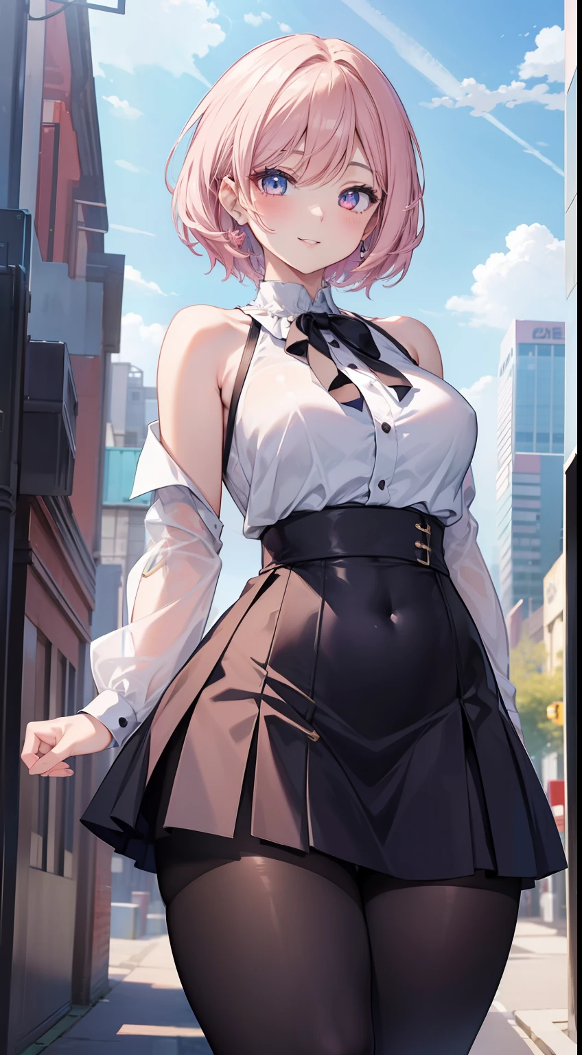 masterpiece, best quality, HD 4K, Girl, best anatomy, pretty face, pretty body, anime, anime style, eyes, nose, ear, smile, lips, neck shoulders, shirt, short skirt, pantyhose, perfect belly, thin waist, thick legs, big thigh, background scenery