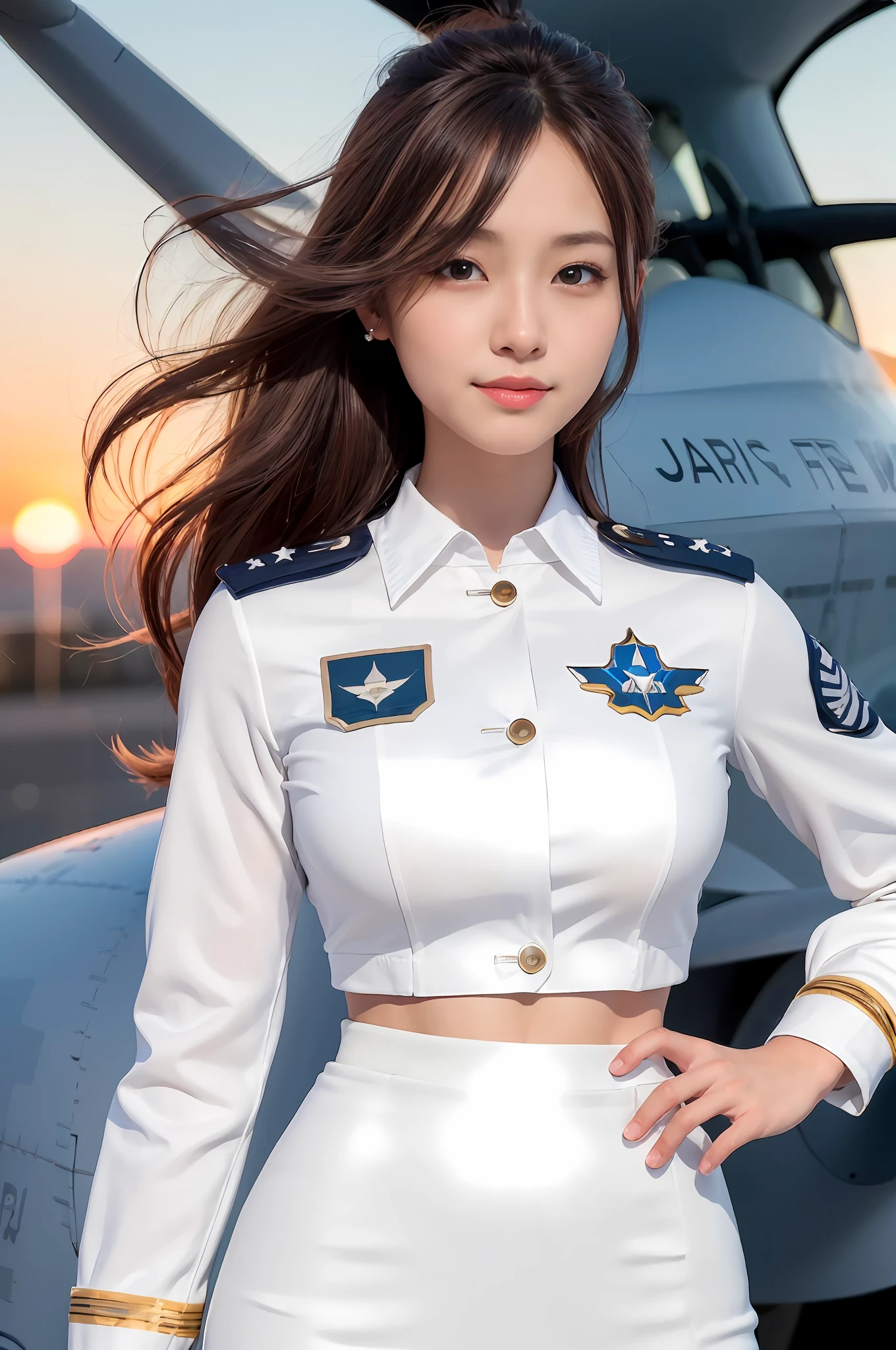 (Best quality, 8k, 32k, Masterpiece, UHD:1.2), (realistic:1.5), (masterpiece, Extremely detailed CG unity 8k wallpaper, best quality, highres:1.2), (ultra detailed, UHD:1.2), Photo of extremely cute and beautiful Japanese woman, (chestnut long wavy hair:1.2), adult, (detailed beautiful girl:1.4), best quality, woman, adult, (detailed US air-force pilot uniform:1.5), (white pilot captain jacket:1.3), (white high-waist pencil skirt:1.3), detailed clothes, (Beautiful sunset US air force base runway view background:1.3), embarrassed laughing:1, light smile, looking at viewer, facing the viewer, ((perfect female body)), (narrow waist:1.2), (upper body image:1.3), slender, abs, (large breasted:1.25), ((frame the head)), wind, dynamic pose, cinematic light, back light, perfect anatomy, perfect proportion, detailed human body, bokeh, depth of field,