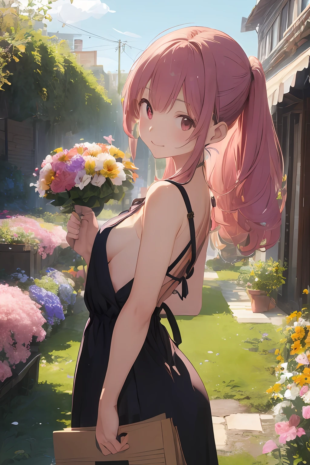 (masterpiece、realisitic:1.4)、(very intricate:1.2)>、Close Shot、portlate、(The upper part of the body:1.2)、(from the front side:1.3)、191971 dresses、backless dress、(Longer dress:1.2)、(Very long hair)、A smile、breastsout、bare shoulders、Skysky、(flower field)、(Confetti)、Eau、looking at the viewers、Italian、tilt of the head、the wind、clouds、sunlights、1girl in、独奏、Pink hair、(holding a large bouquet of flowers in both hands)BREAK、ciinematic light、超A high resolution、8KUHD、film grains、perfect anatomia、Exquisitely detailed skin、 Best Shadows、Delicate、raw、hight resolution、Precise background、(Flower garden in the background)、(breastsout)Protrusion of