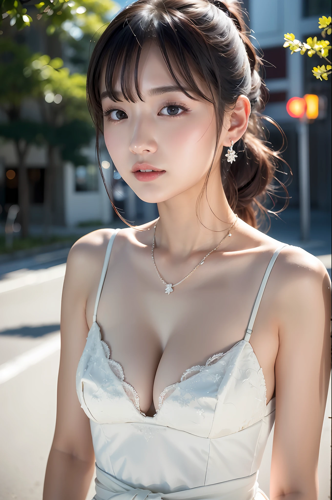 ((addielyn))、Random posture、(extremely delicate and beautiful work)、(masterpiece)、One girl、Highly Detailed Elegant Wedding Dresses、tiarra、A highly detailed、Warped ponytail、A charming expression、Beautiful and clear eyes、Green pupil、delicate necklaces、Delicate earrings、Simple blurry background、Description of extreme details、Beautiful fece、A charming、Ultra-fine painting、delicated face、Delicate figure、thin clavicle、Beautiful lips、Soft back view、mix4、(8K、Raw photography、top-quality、masterpiece:1.2), (reallistic, Photorealsitic:1.37),1girl in,Cute,Cityscape, natta, Sateen, Wetty, Professional Lighting, Photon mapping, Radio City, physically-based renderingt, above waist、乃木坂アイドル、韓国アイドル、hposing Gravure Idol、女優、