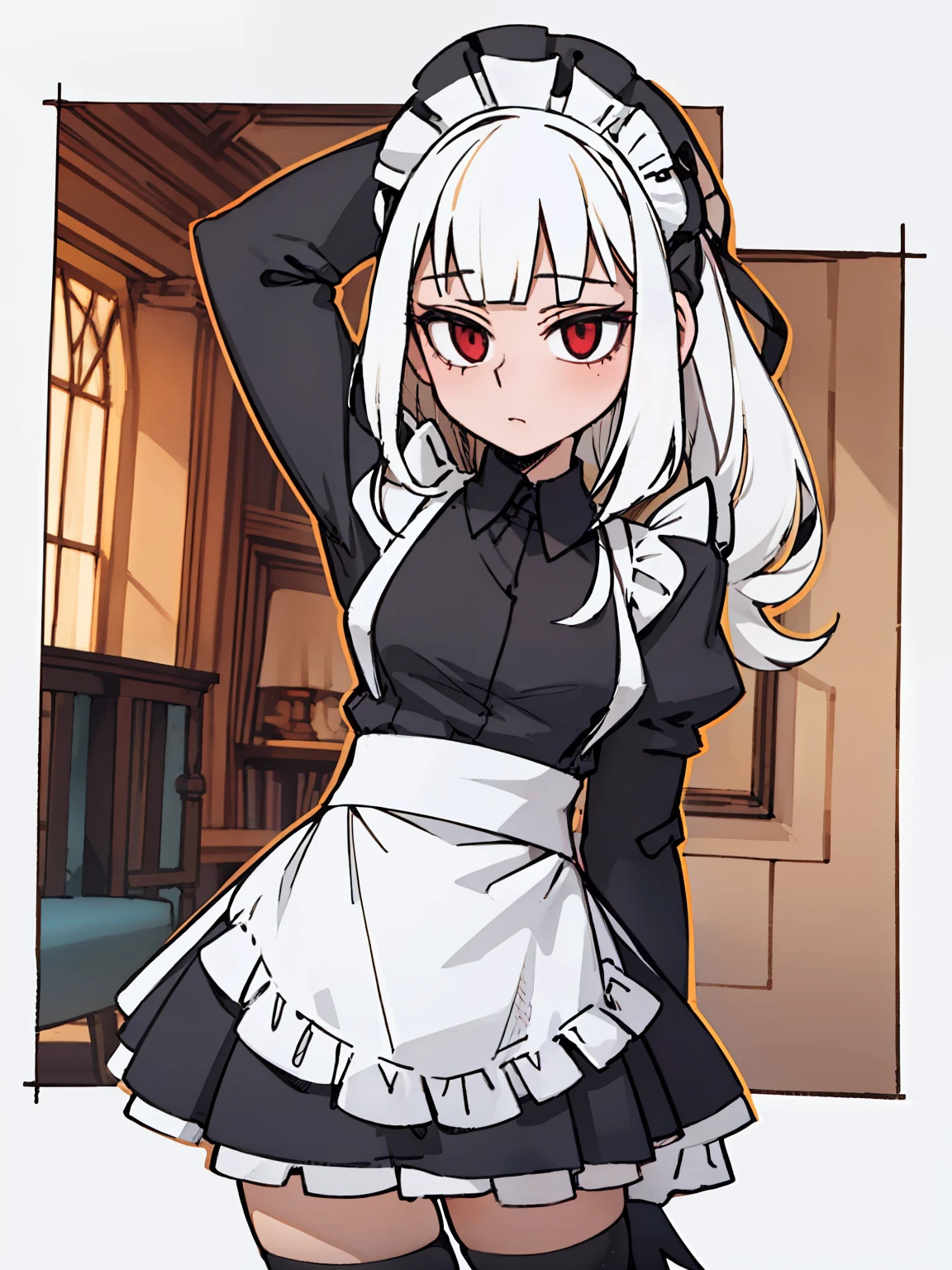 A girl frontal,((Three-quarters),(Long curly white hair),(the maid outfit)),Young, White background