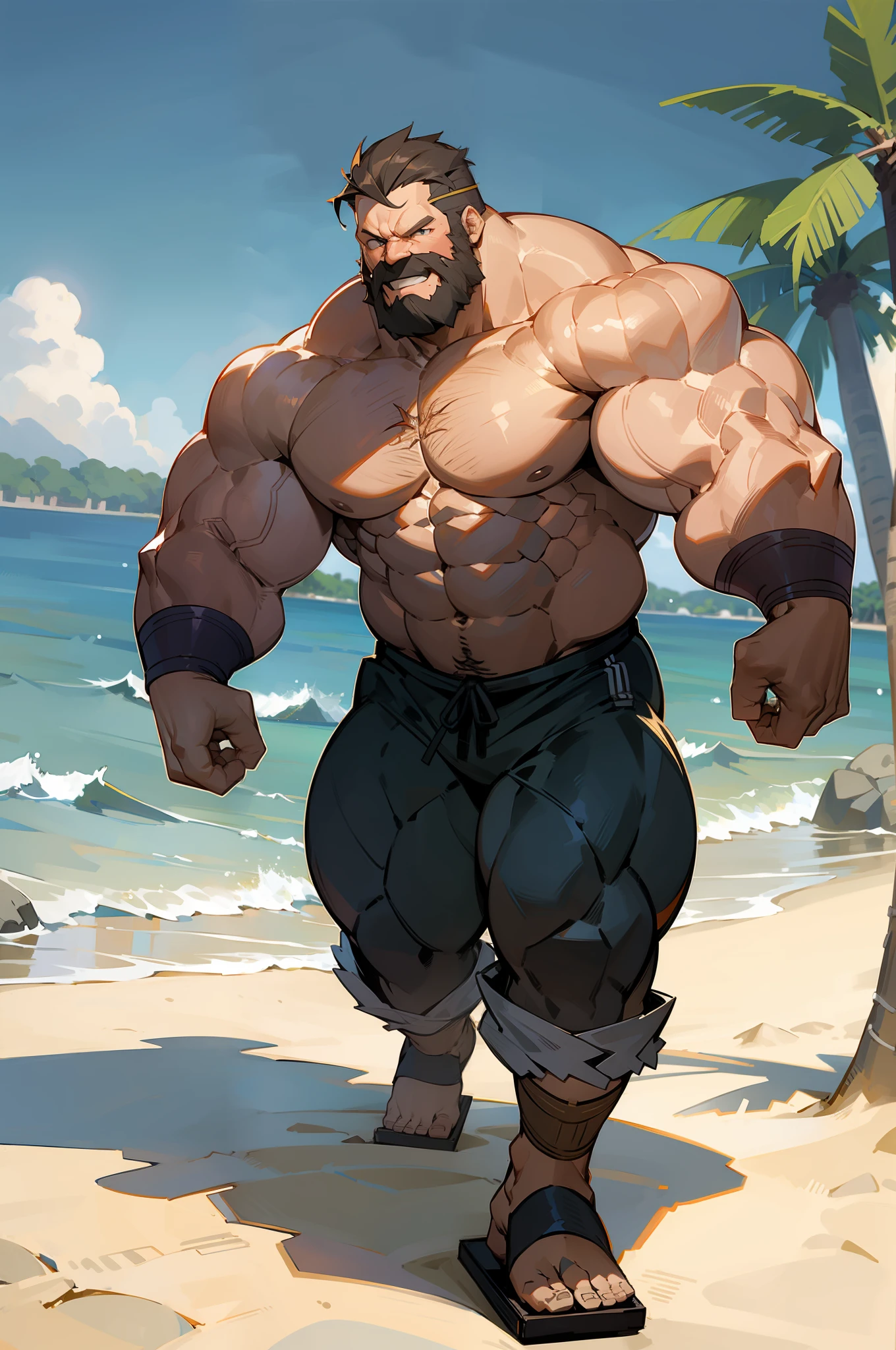 muscular strongman in beach, only shots