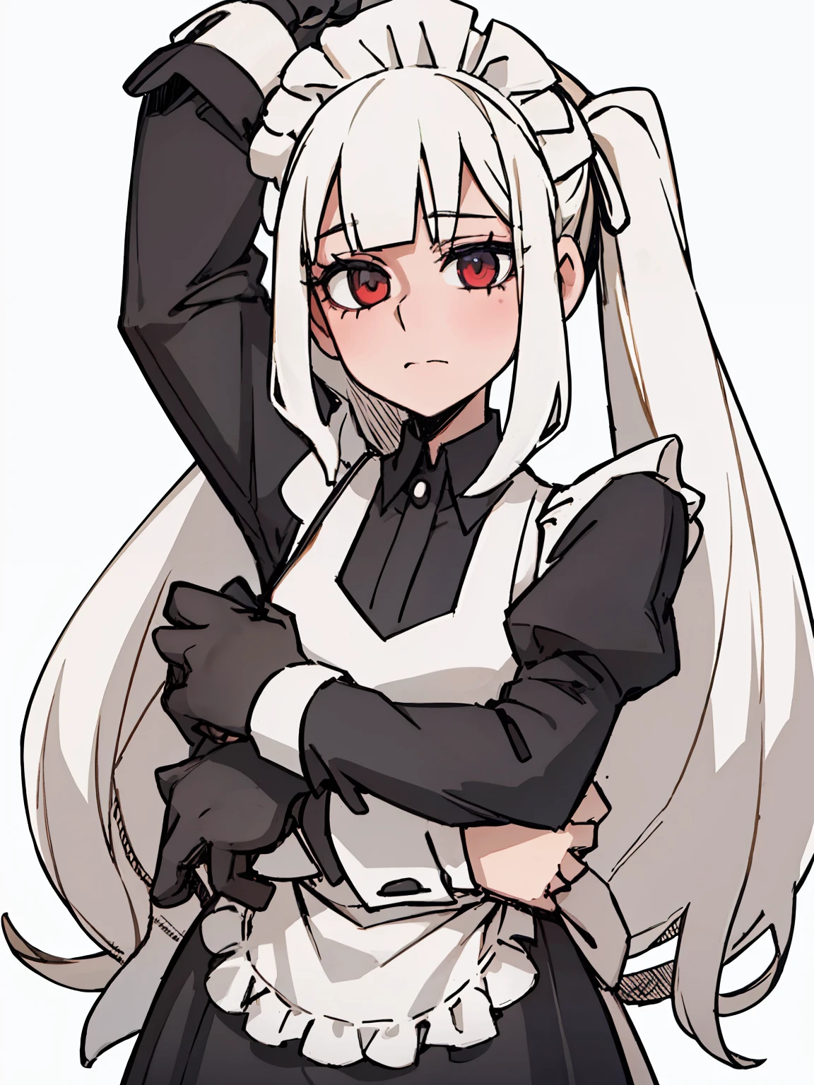 A girl frontal,((Three-quarters),(Long curly white hair),(the maid outfit)),Young, White background