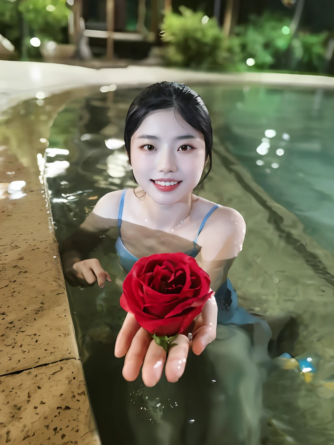 There was a woman holding a rose in the pool, Holding a rose, holding red roses, In water, Holding a flower, holding a rose in a hand, wenfei ye, holding magic flowers, in a luxurious pool, xintong chen, in a swimming pool, Sitting in the pool, shaxi, wenjun lin, In the water