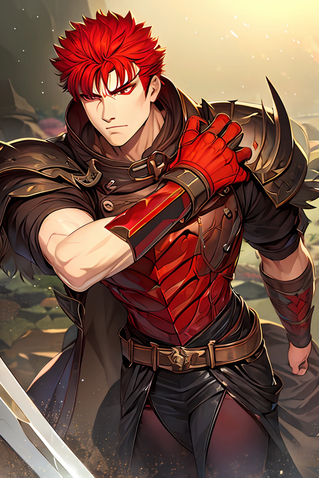 (masterpiece), best quality, expressive eyes, perfect face, elsword, 1boy, red hair, sword, red hair, red eyes, (berserk style)