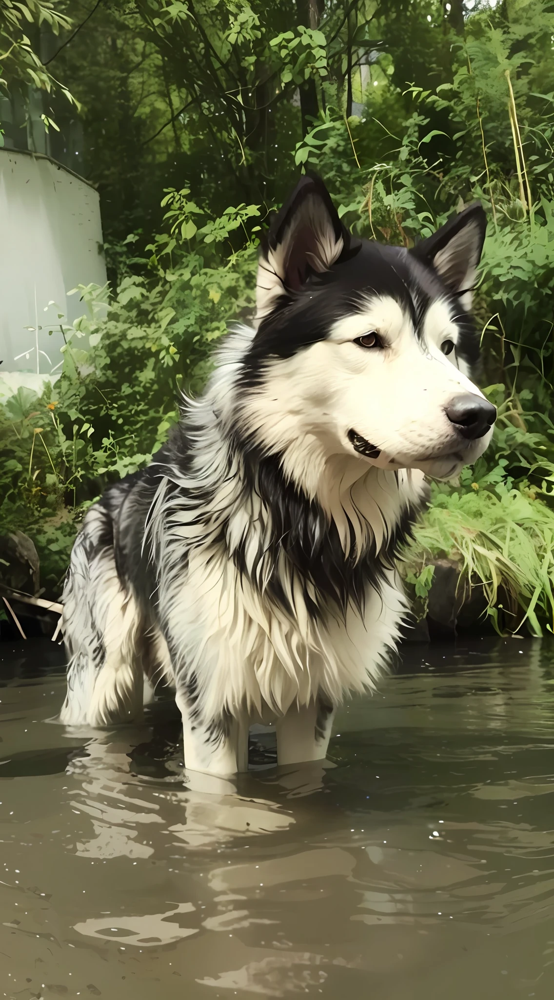 There is a dog that is standing in the water, photo of No or, pelo molhado, River in front of you, husky siberiano, husky, husky dog, Lobo cinzento escuro O'Donnell, Big No or, Husky em armadura brilhante, olhar orgulhoso, No or, Vista deslumbrante, Pelo enlameado, No or furry, um bonito, foto do perfil, a No or anthropomorphic,Ultra realista, canon.professional photographer, captured on a professional DSLR camera, tendencia en Artstation, 64k, ultra detallado, ultra preciso, bokeh lighting