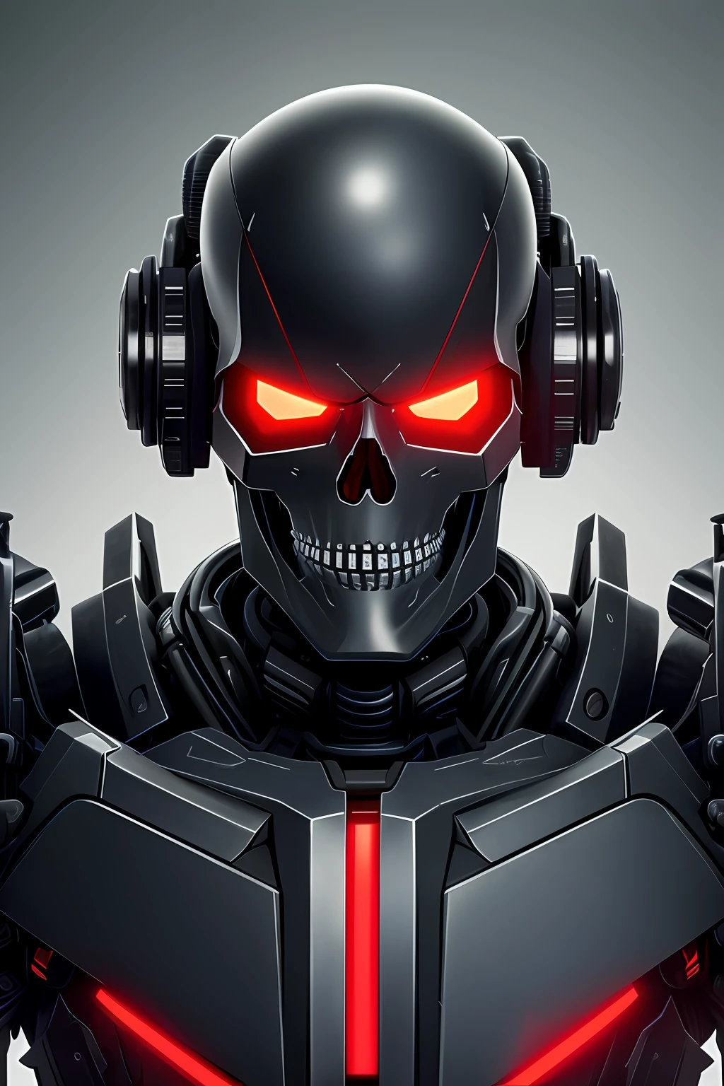 Red-eyed skeleton robot close-up, The face is like a terminator，anfas portrait of a mech warrior, heavy metal armor, portrait of a mech, Mecha armor, epic scifi character art, epic scifi character art, epic sci-fi character art, Heavy armor with pitch-black reflections，cyber punk style，Hyper-detailed mech parts，4K top quality，Super high quality wallpaper