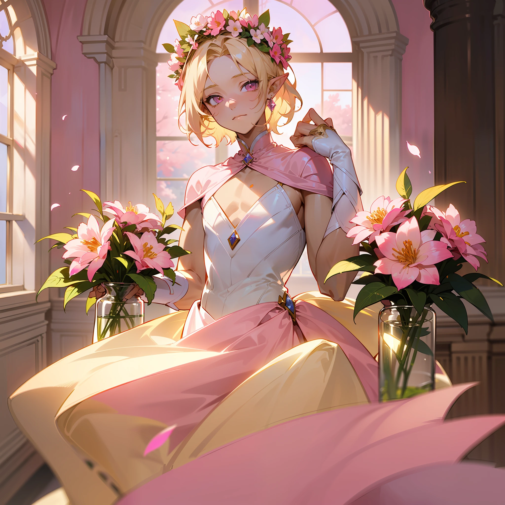 one young man, twink, (((male))), (((man))), (((one person))), (1guy), (((single))), (((solo))), (((very light blonde hair))), (((light blonde colored hair))), (((very light blonde colored hair))), (((pink colored eyes))), ((medium short hair)), (chin-length hair), wavy hair, slim body, ((flat chest)), (((fantasy style))), (((wearing flowers in his hair))), flowercrown, ((pointy ears)), (((light pink colored eyes))), ((light pink colored eyes)), (light pink colored eyes), (standing inside a fantasy palace), (sunlight falling in through big detailed windows), room is decorated with a few flowers in vases, a few flowers in bottles, wearing a wedding dress outfit, dancing