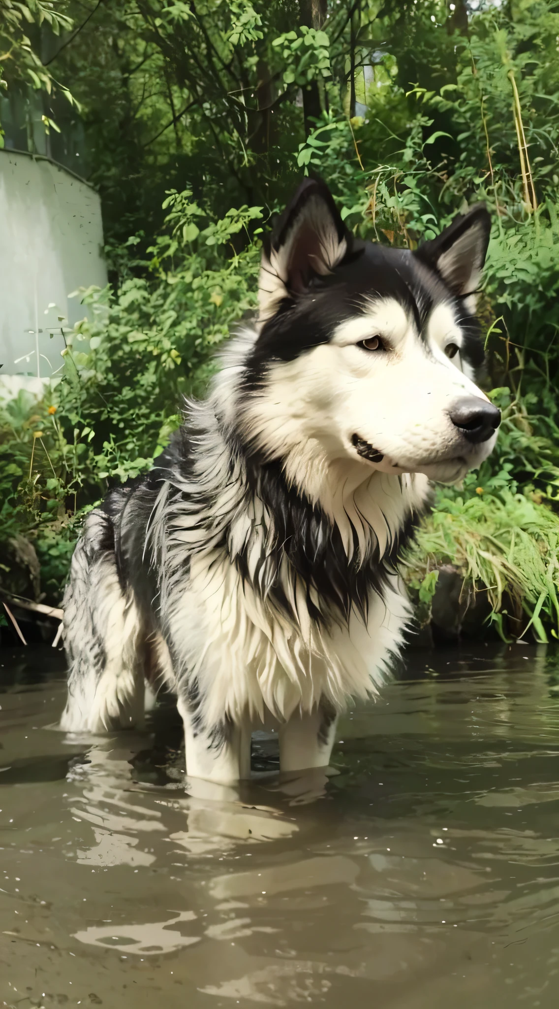 There is a dog that is standing in the water, photo of No or, pelo molhado, River in front of you, husky siberiano, husky, husky dog, Lobo cinzento escuro O'Donnell, Big No or, Husky em armadura brilhante, olhar orgulhoso, No or, Vista deslumbrante, Pelo enlameado, No or furry, um bonito, foto do perfil, a No or anthropomorphic,Ultra realista, canon.professional photographer, captured on a professional DSLR camera, tendencia en Artstation, 64k, ultra detallado, ultra preciso, bokeh lighting