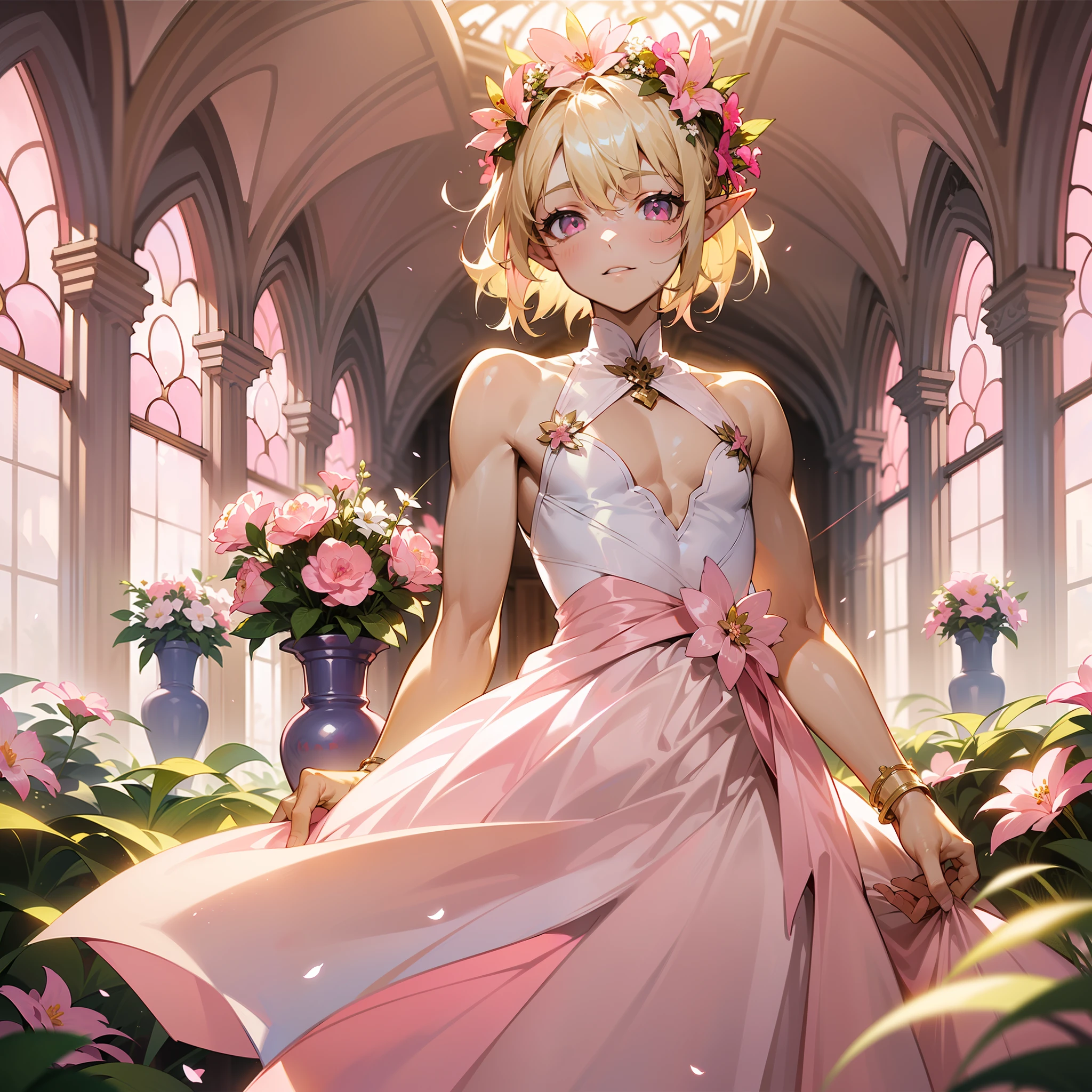 one young man, twink, (((male))), (((man))), (((one person))), (1guy), (((single))), (((solo))), (((very light blonde hair))), (((light blonde colored hair))), (((very light blonde colored hair))), (((pink colored eyes))), ((medium short hair)), (chin-length hair), wavy hair, slim body, ((flat chest)), (((fantasy style))), (((wearing flowers in his hair))), flowercrown, ((pointy ears)), (((light pink colored eyes))), ((light pink colored eyes)), (light pink colored eyes), (standing inside a fantasy palace), (sunlight falling in through big detailed windows), room is decorated with a few flowers in vases, a few flowers in bottles, wearing a wedding dress outfit, dancing