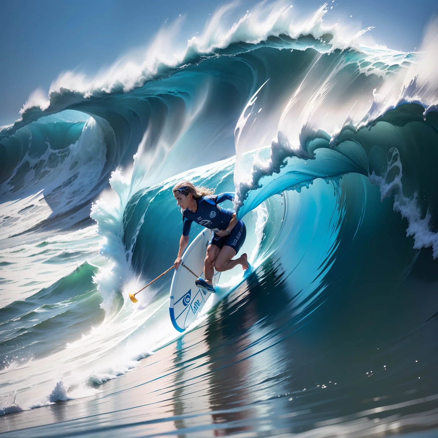 Surfista, surfando dentro de um copo de cerveja, prancha azul, fundo desfocado