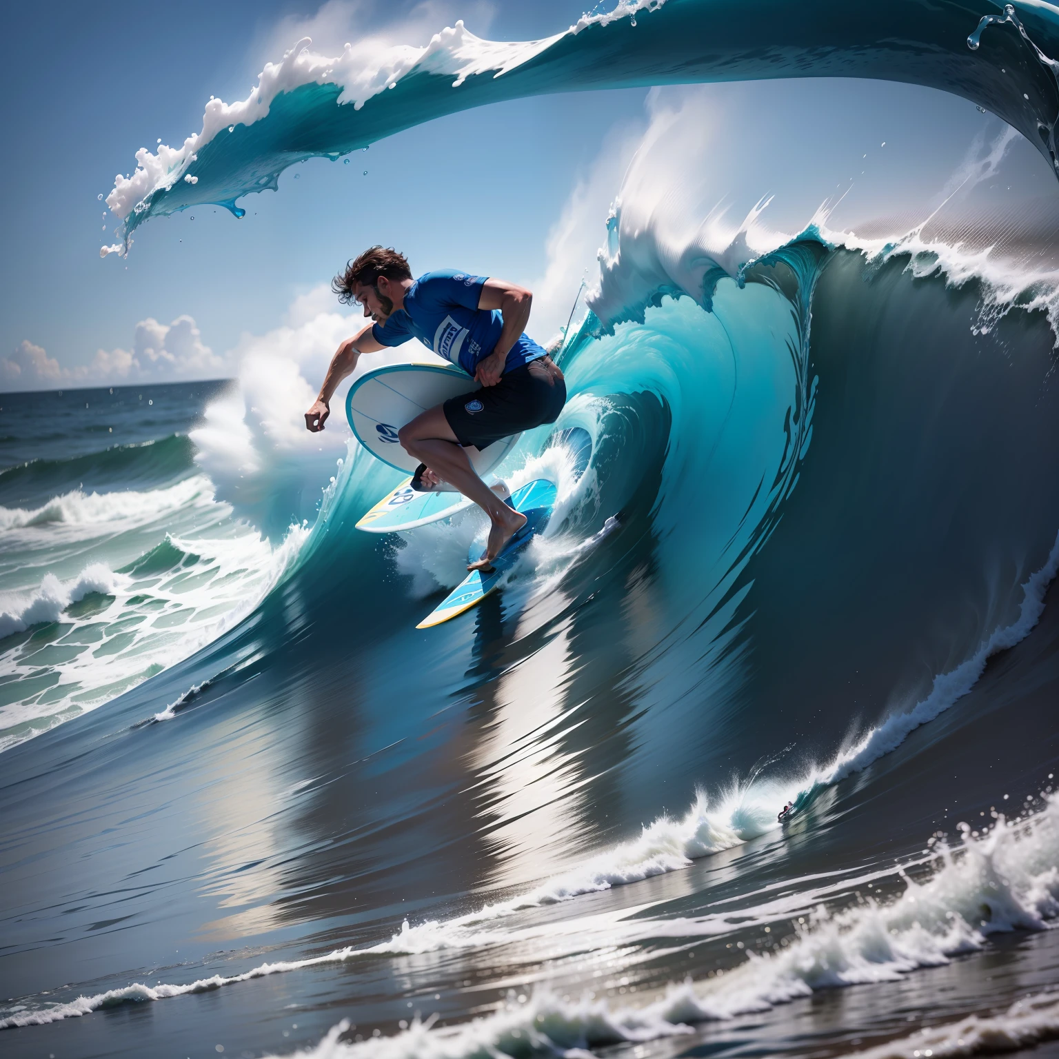 Surfista, surfando dentro de um copo de cerveja, prancha azul, fundo desfocado