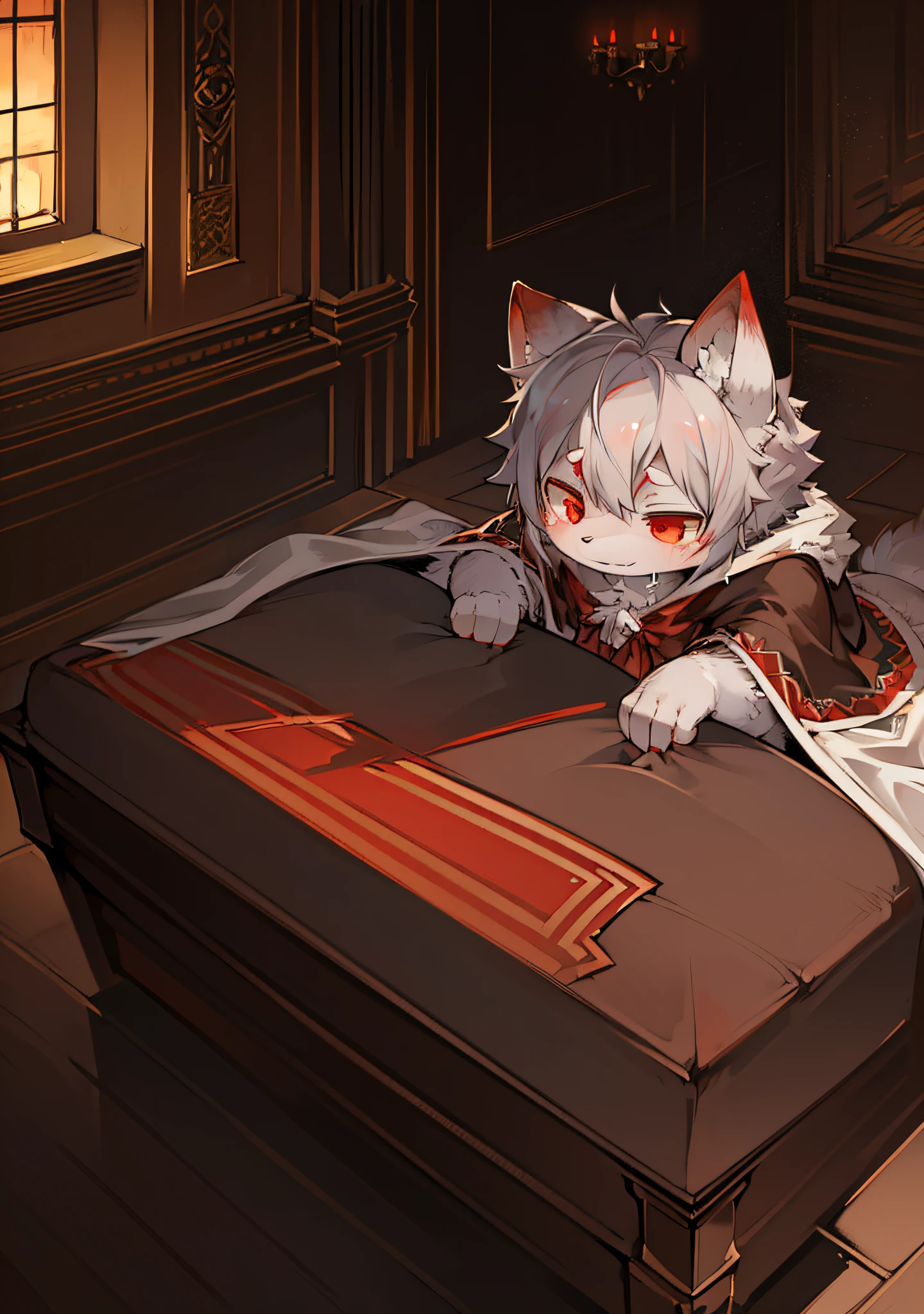(dark environment:0.8),masterpiece, high quality, absurd res, digital painting \(artwork\), by dagasi, yupa,kiyosan,(anthro,fluffy fur,character focus:1.1),anthro male cat,short hair,portrait, bright eyes,panorama,character focus.(detailed background:0.7),solo,furry,furry male ,male focus,anthr,(Full body fur, fluffy tail, white fur,red eyes,gray hair:1.2),(long canines,vampire, cape:1.2),(interior,night, castle, coffin:1.1)