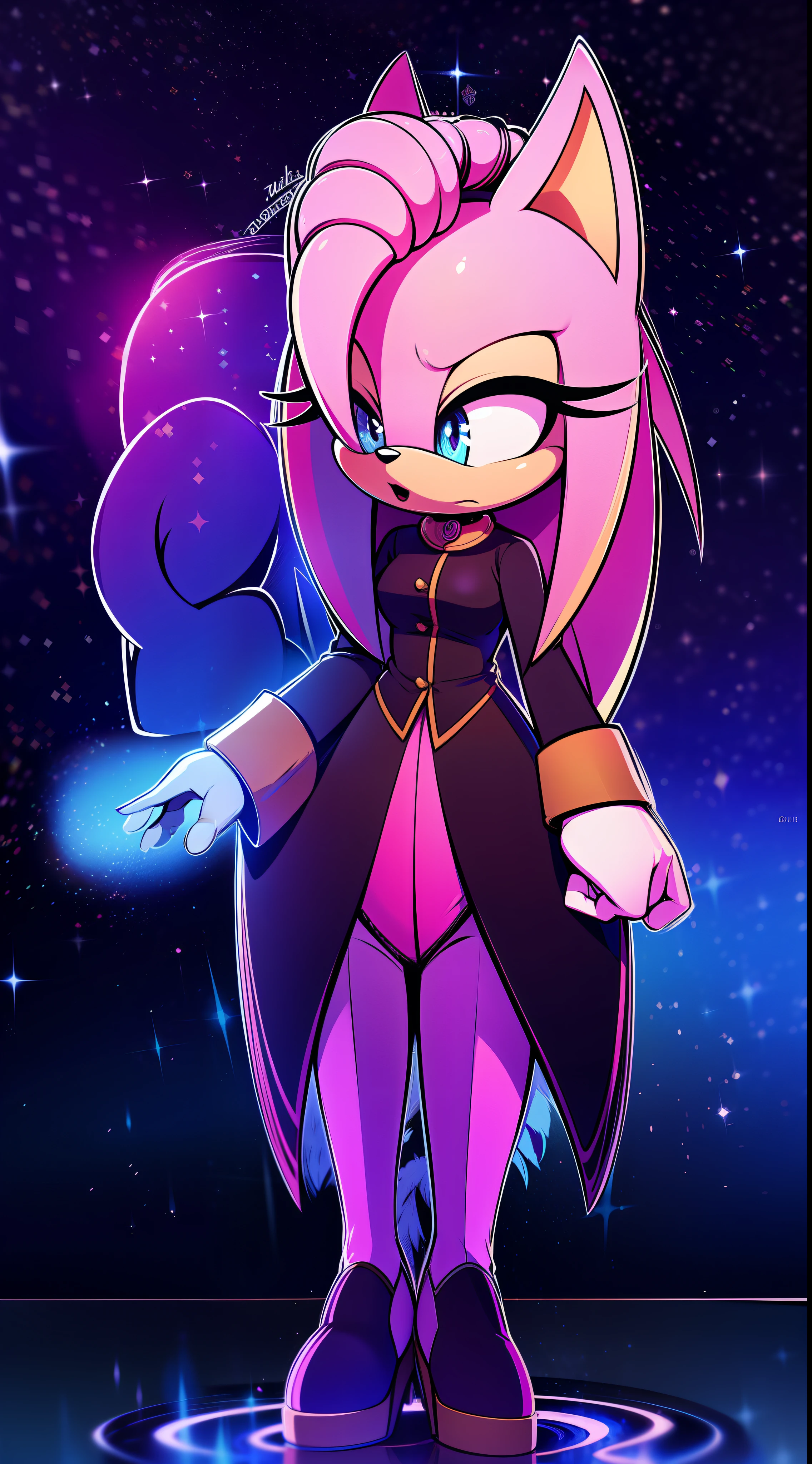 It is a female echidna with purple spines and lavender-colored fur. His eyes are the color of the night sky, brilhantes e expressivos. Ela usa um traje elegante, with silver details and symbols of time. Uma aura sutil de poder envolve-a, reflecting her connection to the fabric of time as a temporal guardian.