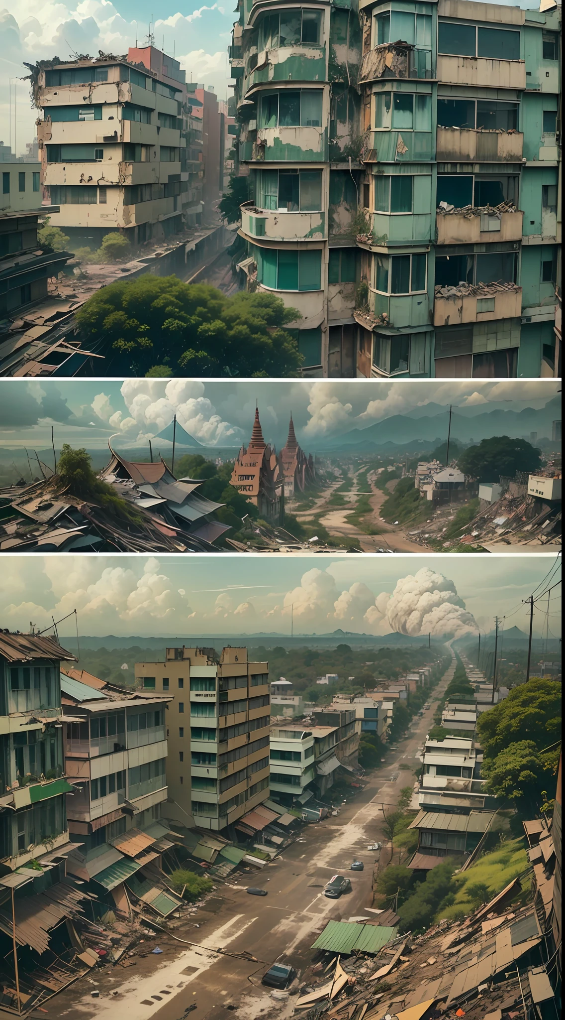 The large many building with a lot of fire in the air, destroying a ((myanmar:1.2)), ((yangon:1.2)) cityscape, apocalyptic art, destroyed (("yangon")) city on fire, destroyed ((myanmar "yangon")) city, digital concept art of dystopian, apocalyptic ((myanmar)) city, destroying a ((myanmar"yangon")) city, apocalyptic 8 k, apocalyptic 8k, apocalyptic city ((pagoda)) backround, apocalyptic architecture design, dystopian digital art, destroying((yangon)) city, ((yangon)) city destruction, apocalypse art, ( apocalyptic ) 8 k, the damaged roads and show signs of neglect, with potholes and collapsed pavements making it difficult to live, the city of ((yangon,myanmar)) streets now are overrun by plants and weeds. Vines cover the walls of buildings, as nature seemingly reclaims the city that humans left behind. The destructive yet life-giving force of nature can be seen with plants taking over the streets and trees reaching over and consuming the buildings.