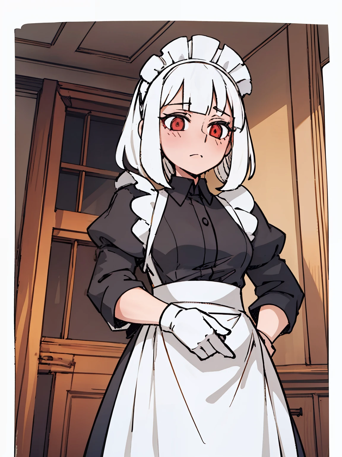 A girl frontal,((Three-quarters),(Long curly white hair),(the maid outfit)),Young, White background