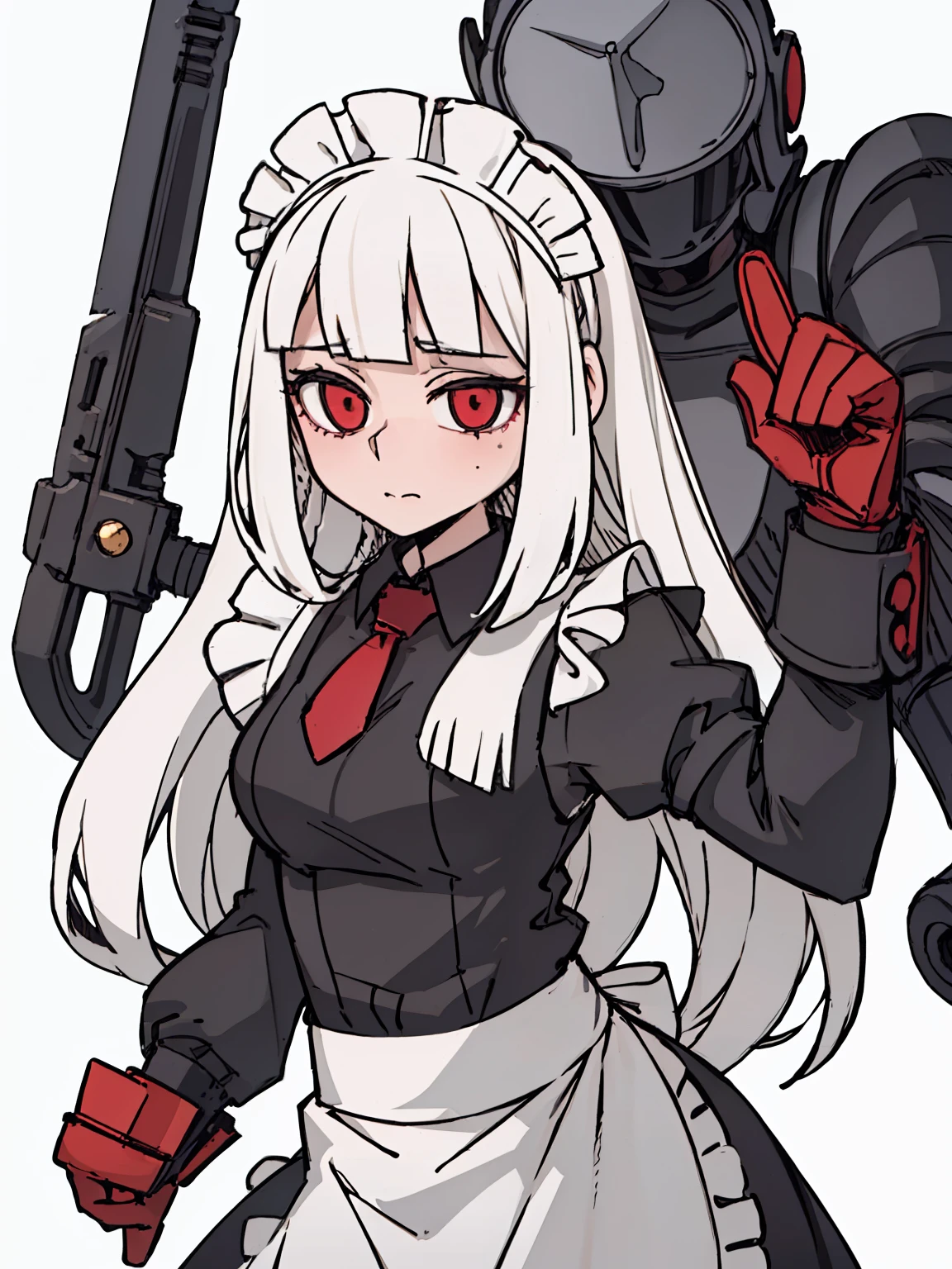 A girl frontal,((Three-quarters),(Long curly white hair),(the maid outfit)),Young, White background