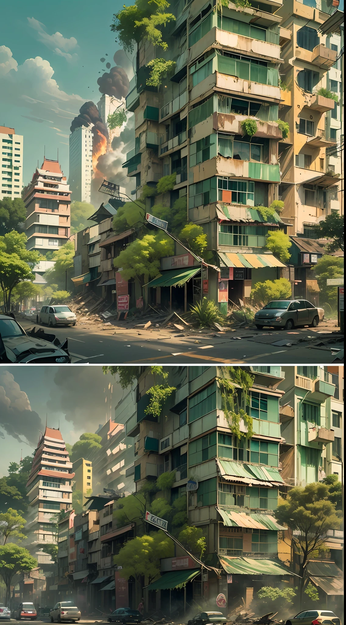 The large many building with a lot of fire in the air, destroying a ((myanmar:1.2)), ((yangon:1.2)) cityscape, apocalyptic art, destroyed (("yangon")) city on fire, destroyed ((myanmar "yangon")) city, digital concept art of dystopian, apocalyptic ((myanmar)) city, destroying a ((myanmar"yangon")) city, apocalyptic 8 k, apocalyptic 8k, apocalyptic city ((pagoda)) backround, apocalyptic architecture design, dystopian digital art, destroying((yangon)) city, ((yangon)) city destruction, apocalypse art, ( apocalyptic ) 8 k, the damaged roads and show signs of neglect, with potholes and collapsed pavements making it difficult to live, the city of ((yangon,myanmar)) streets now are overrun by plants and weeds. Vines cover the walls of buildings, as nature seemingly reclaims the city that humans left behind. The destructive yet life-giving force of nature can be seen with plants taking over the streets and trees reaching over and consuming the buildings.