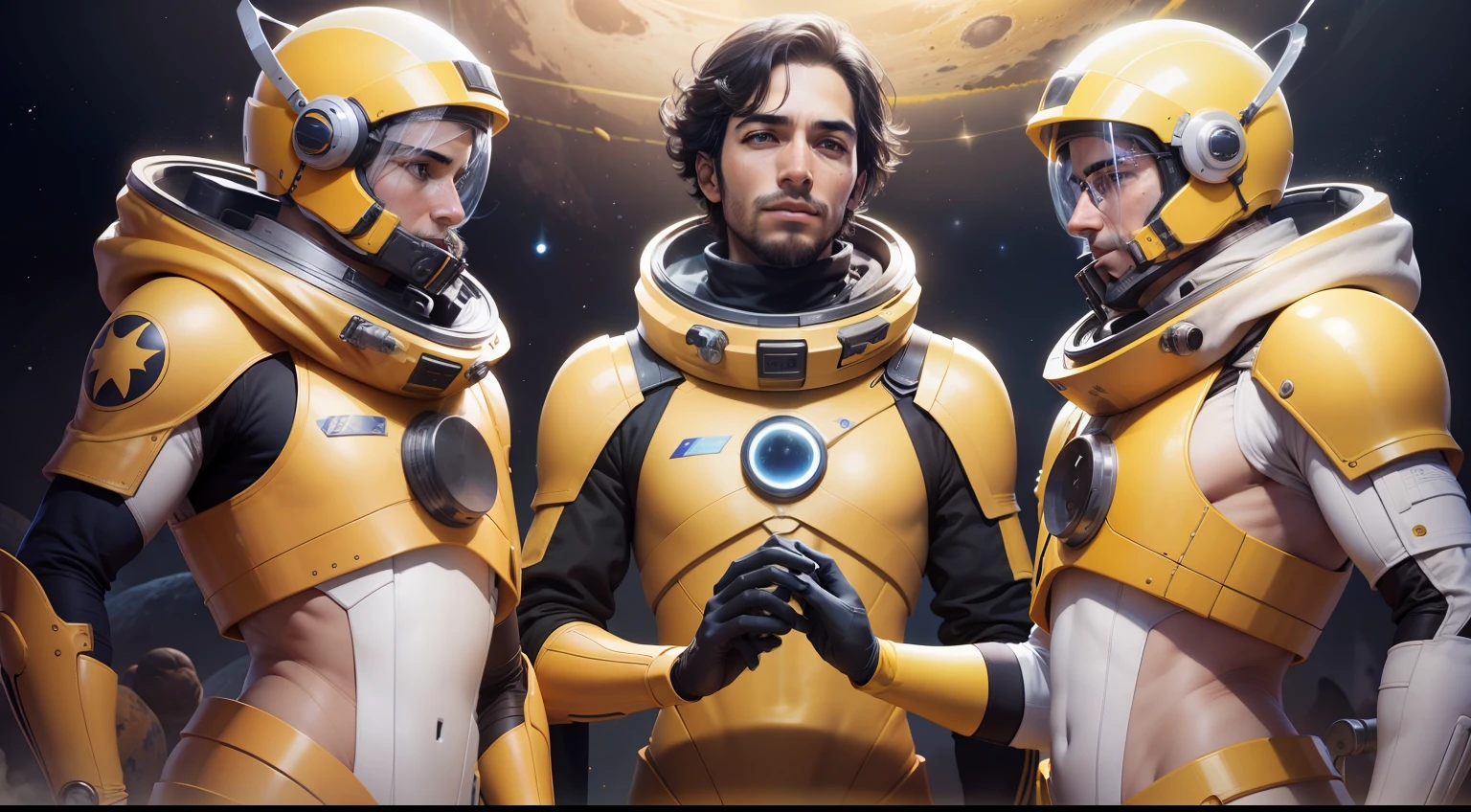 People of a yellow planet, thanking to three male scientists, by shaking hands.