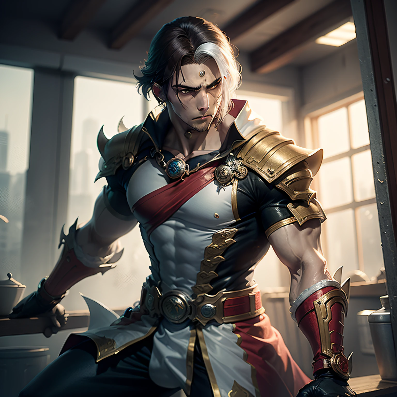 boxer,Single horsetail,Practice Kung Fu,Tension,high and cold,the detail,Sharp focus,Man,Two-dimensional painting style,brunette color hair,Gender male,Loose clothes,mascular,Anime style,solo person,as an anime character,delicated,downy,Hairstyle single ponytail,Handsome,combats,injuries on body,the scars,Bandage