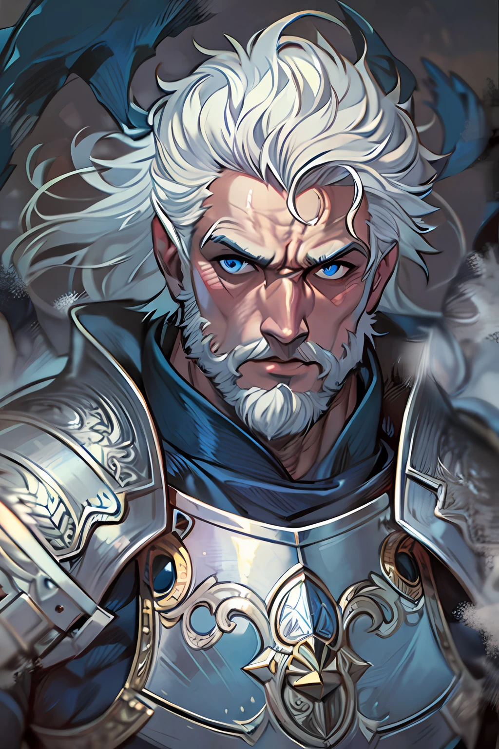 (masterpiece), best quality, expressive eyes, perfect face, human man, white hair, blue eyes, thin beard, medium muscle, armor, knight, musketeer, warrior, berserker, paladin, (berserk style)