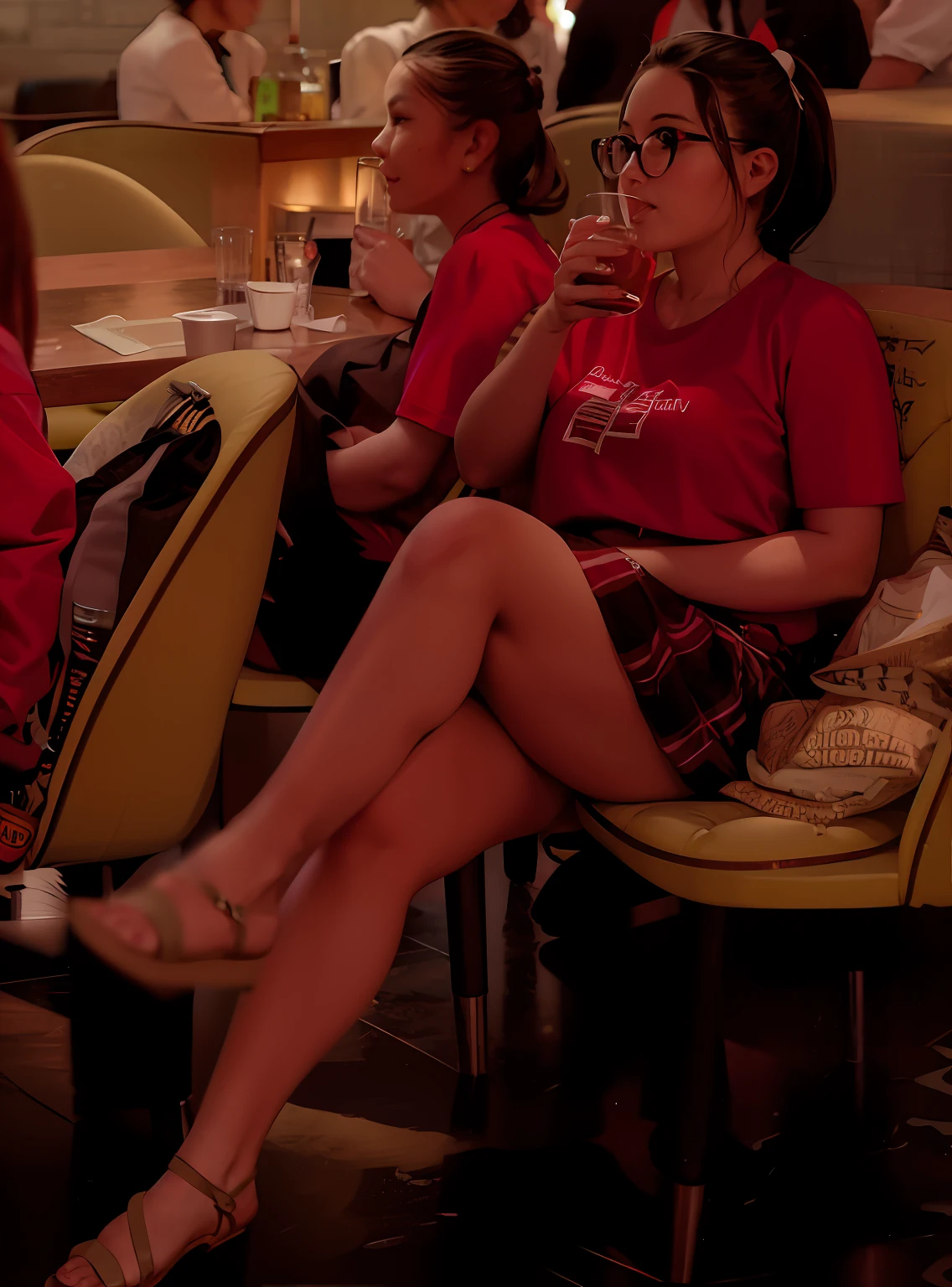 There were two women sitting at a table,Holding a drink in your hands, Crossed legs, candid shot, sitting at the bar, sitting at bar, sitting in a lounge, in a pub, legs visible, candid photo of, Sitting alone in the bar, tight shot of subject, juicy legs, Legs crossed, sitting in tokyo, taken with a pentax1000 --auto