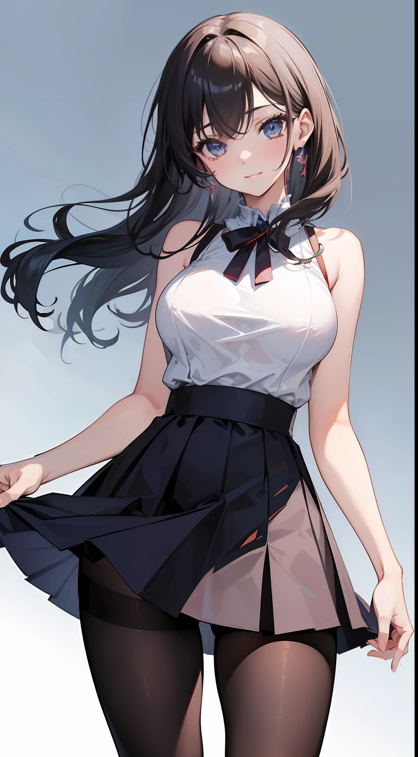 masterpiece, best quality, HD 4K, Girl, best anatomy, pretty face, pretty body, anime, anime style, eyes, nose, ear, smile, lips, neck shoulders, Belly Neckline Shirt, short skirt, pantyhose, slim waist, thick legs, big thigh, background scenery