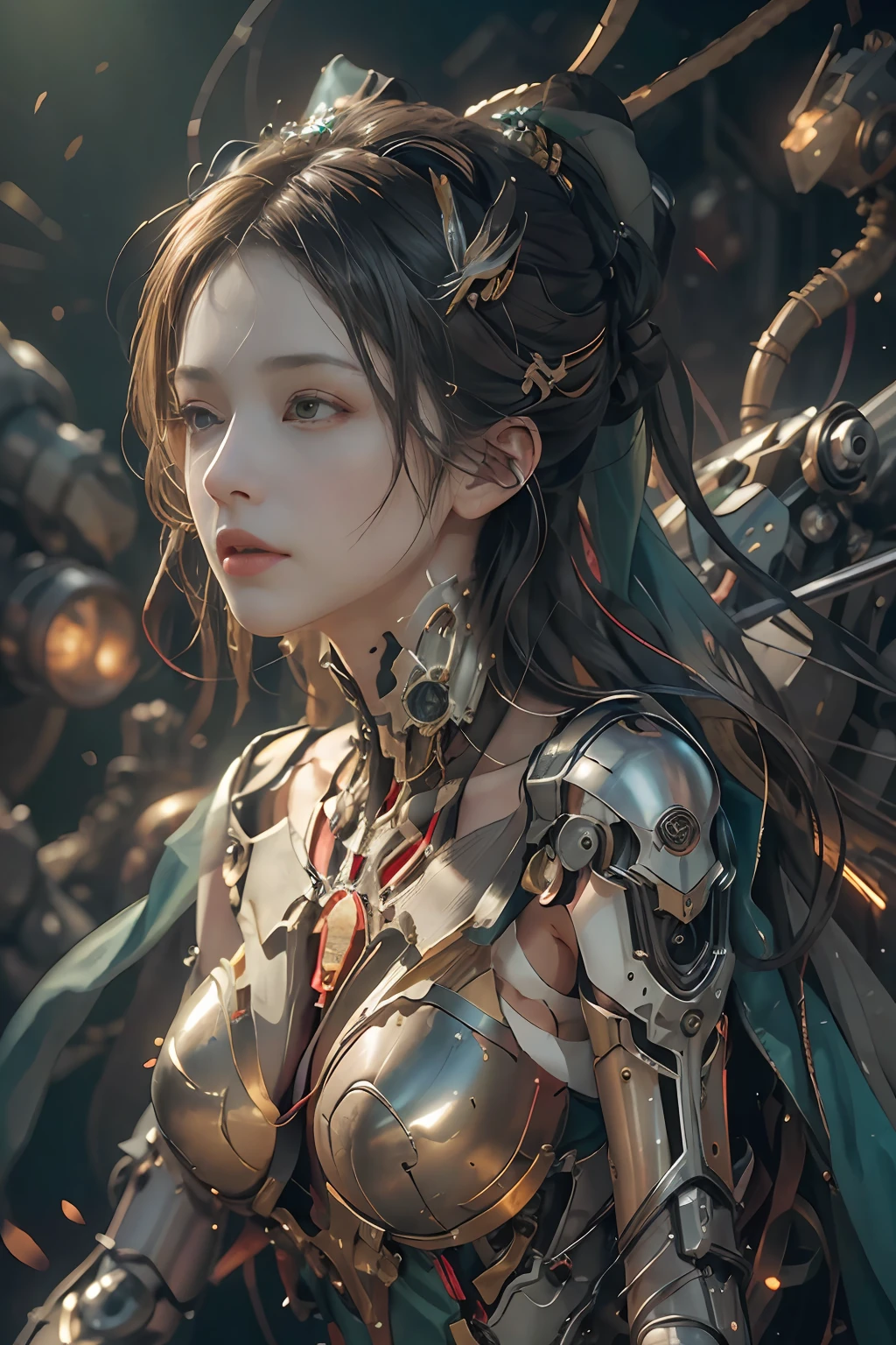 (((Masterpiece))), (((Best quality))), ((Ultra-detailed)), (Highly detailed CG illustration), ((An extremely delicate and beautiful)),Cinematic light,((1 mechanical girl)),Solo,(machine made joints:1.2),((Mechanical limb)), ((mechanical cervial attaching to neck)),(wires and cables attaching to neck:1.2),(wires and cables on head:1.2)(Character focus),Science fiction, extreme detailed details,highest details, Realistic, dunhuang, flowy, Colorful, (Long mechanical legs), full bodyesbian, green mecha