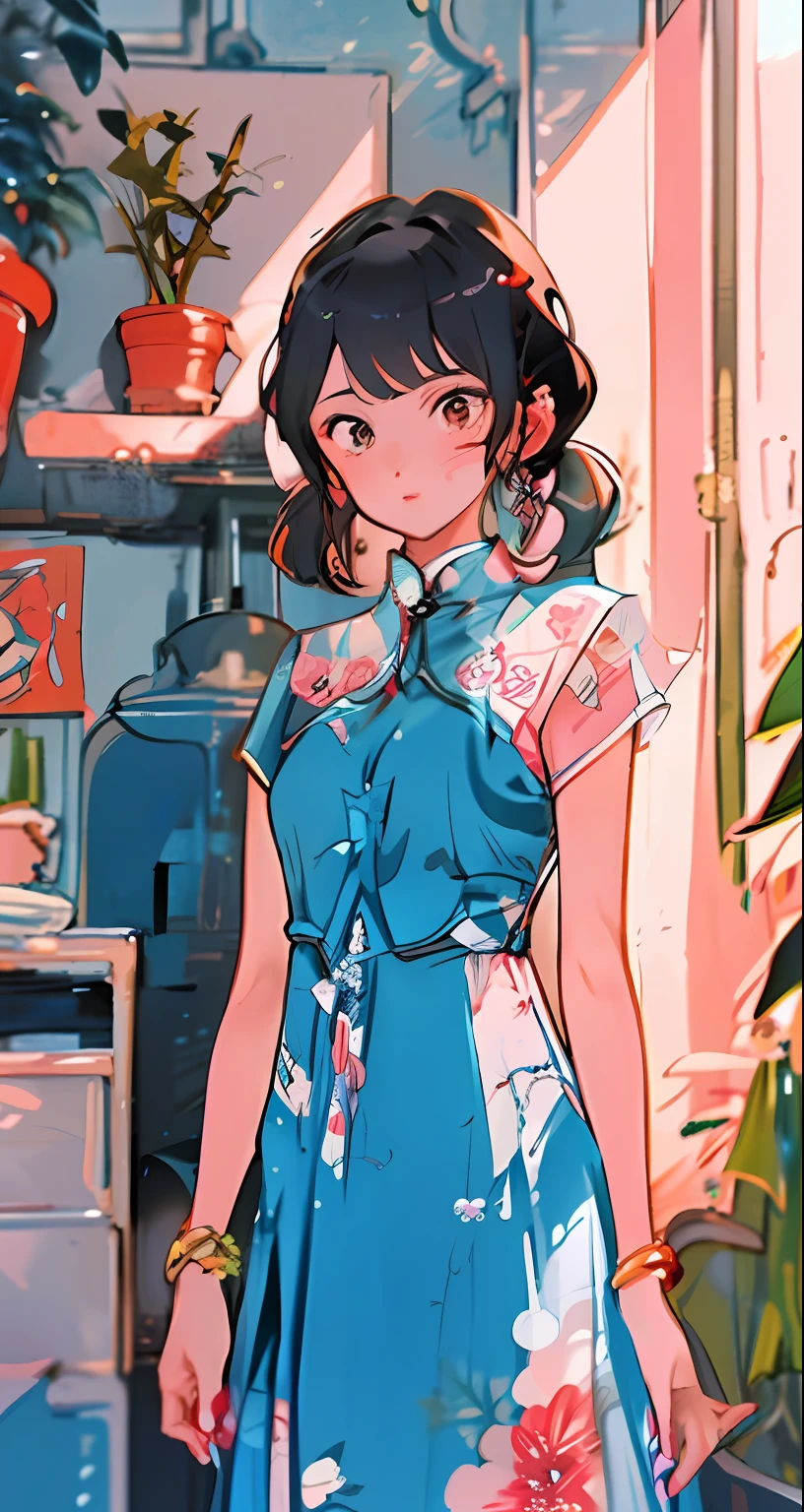 1girll, a plant, 独奏, jewely, 耳Nipple Ring, Plants in pots, brunette color hair, shift dresses, looking at viewert, short- sleeved, By bangs, Blushlush, with brown eye, Estampados florales, inside in room, bangle, standing on your feet, shelf, short detailed hair, hair adornments, Printed dress, nail polish, a blue dress, mid hair, pigtails,Translucent clothes clothes, Keep one's mouth shut