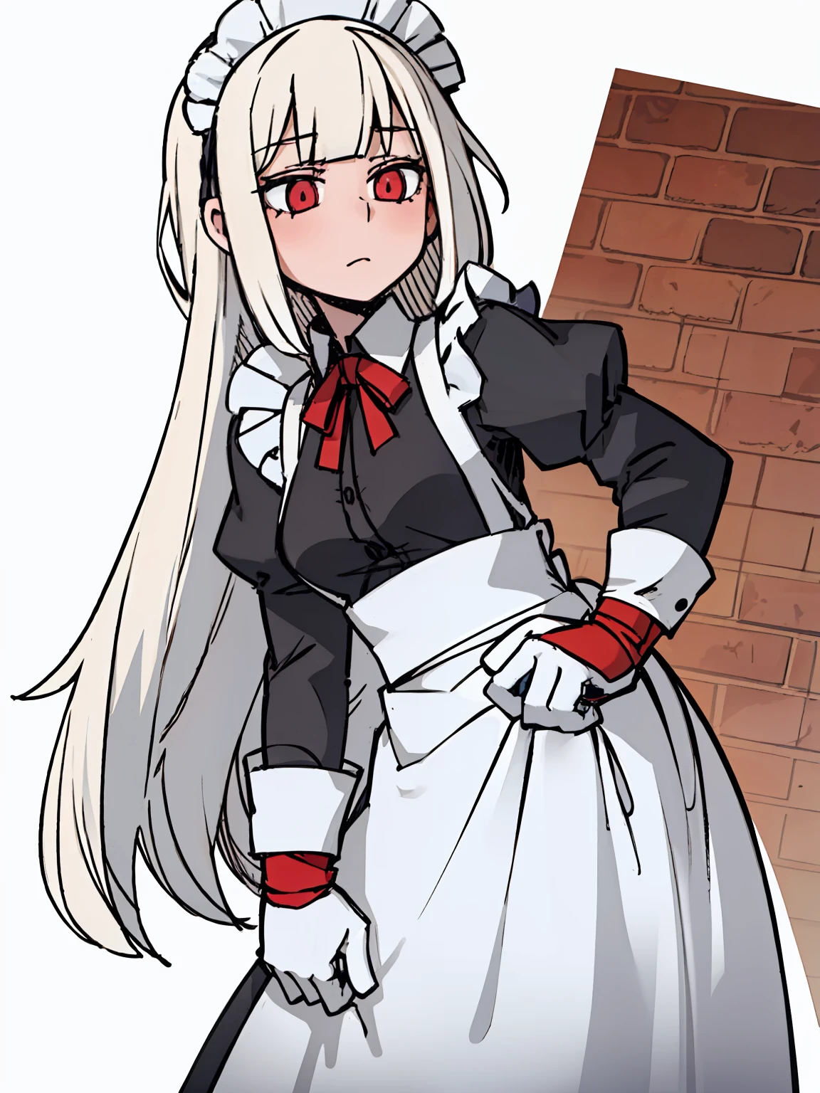 A girl frontal,(,(full bodyesbian),(Long curly white hair),(the maid outfit)),Young, White background