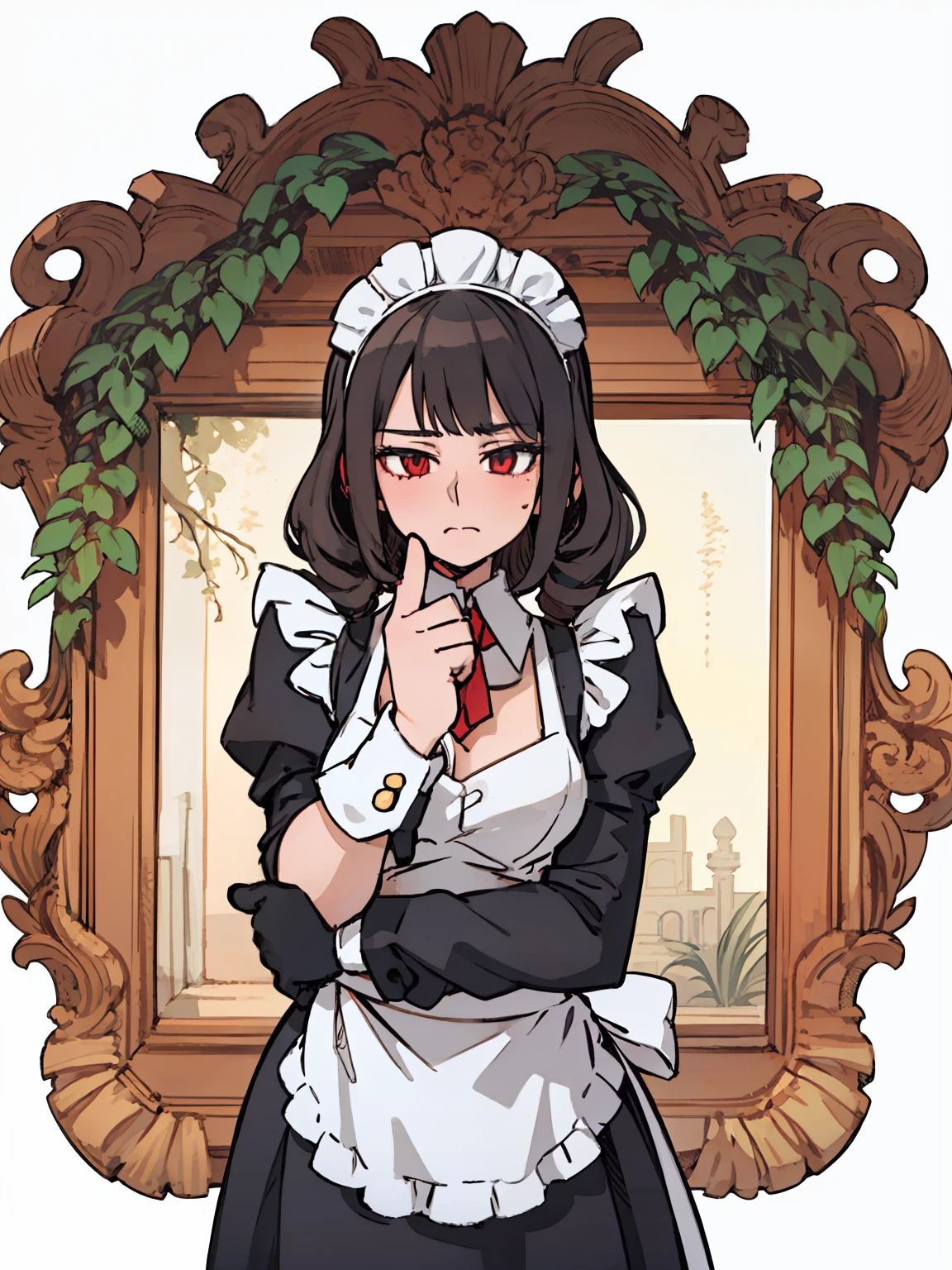 A girl frontal,(,(full bodyesbian),(Long curly white hair),(the maid outfit)),Young, White background