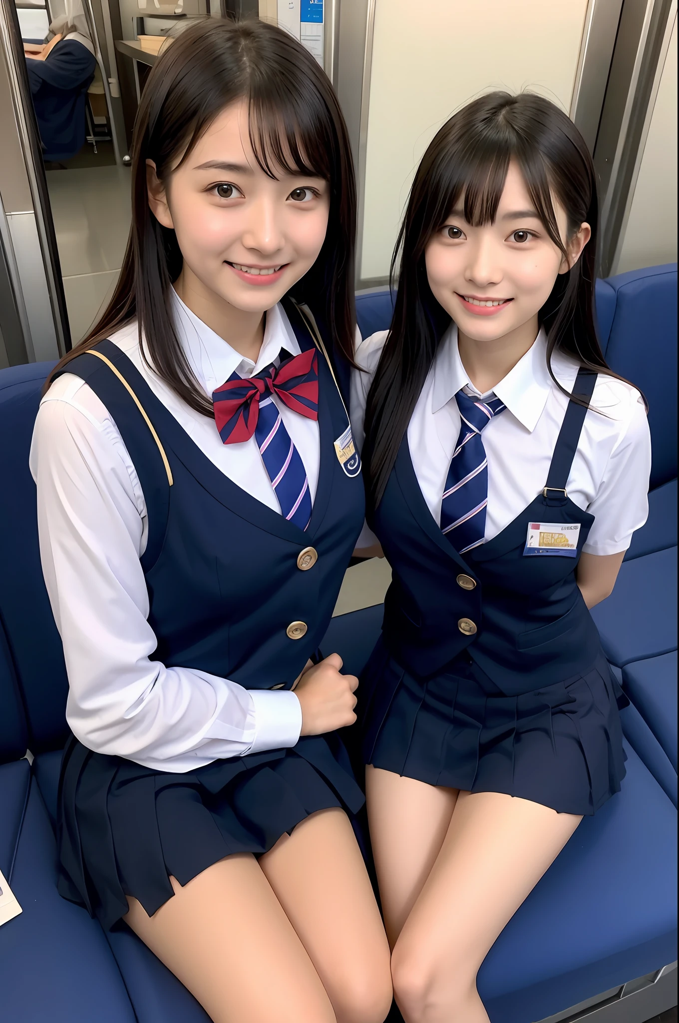 high-angle shot、Center view、Arafe asian woman in short skirt and bow tie sitting on train、cute school girl、Japan Girl Uniform、Wearing Japan school uniform、Japan School Uniforms、a hyperrealistic schoolgirl、Dressed as a schoolgirl、a hyperrealistic schoolgirl、Wearing a uniform、Realistic Schoolgirl、Girl in Uniform、Wearing a uniform、Schoolgirl Pose、full body Esbian、Nice skin、glistning skin、lovely thighs、glowing thigh、shining legs、bare-legged , High School in Japan 、乃木坂アイドル、韓国アイドル