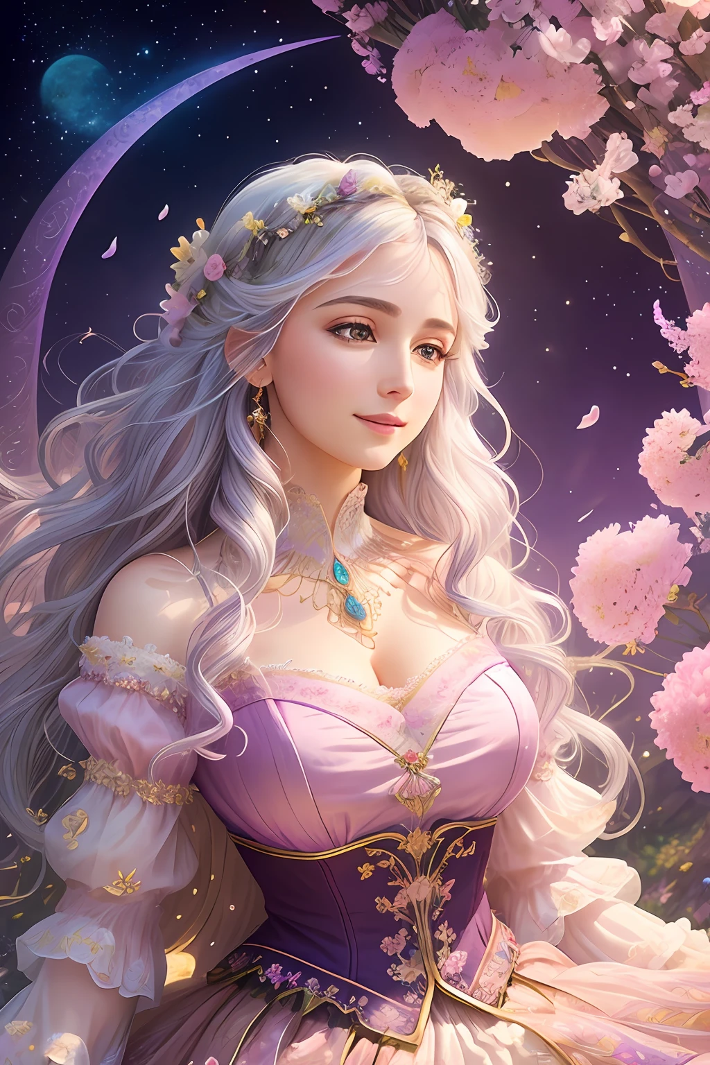 A fantastical scene, beautifully detailed bust shot of a woman with colorful finely-detailed eyes and a flowing, intricate skirt, surrounded by a floral meadow, a sky filled with pink and purple hues, a flying petal, the light of the moon, a soft glow, smiles, white hair flowing, depth to the composition, delicate and detailed, magical and enchanting atmosphere