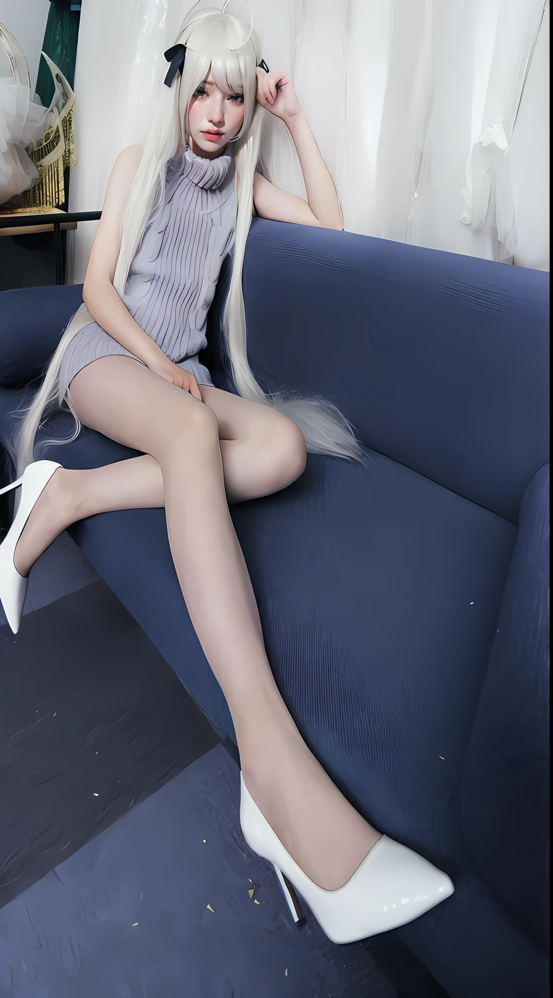 Blonde woman sitting on blue sofa,Wear white shoes, long white hair, with long white hair, White long hair!!, Sitting on the sofa, Long thin legs, Long white hair!!!, cabellos largos dorados, detailed white long hair, White long hair, Long legs, anime barbie in white stockings, Long white hair, very beautiful long slim legs