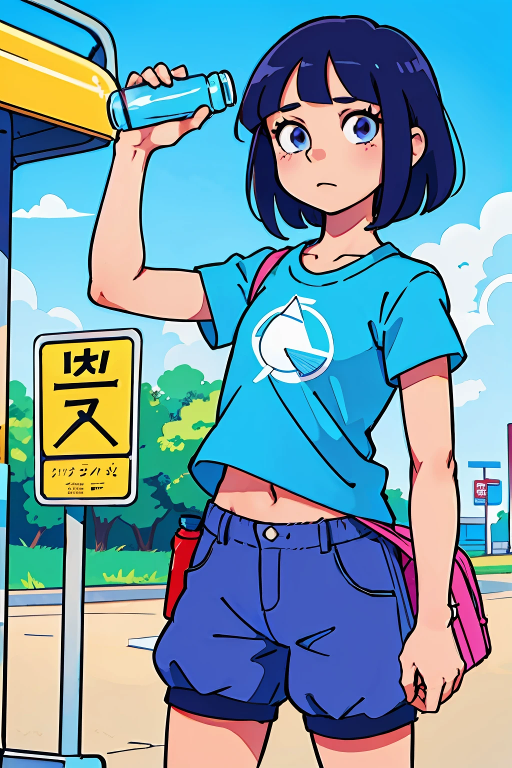 (best-quality:0.8),
(best-quality:0.8), perfect anime illustration, Dora the explorer, , hot pants, loose fitted tee, standing at the bus stop holding a water bottle